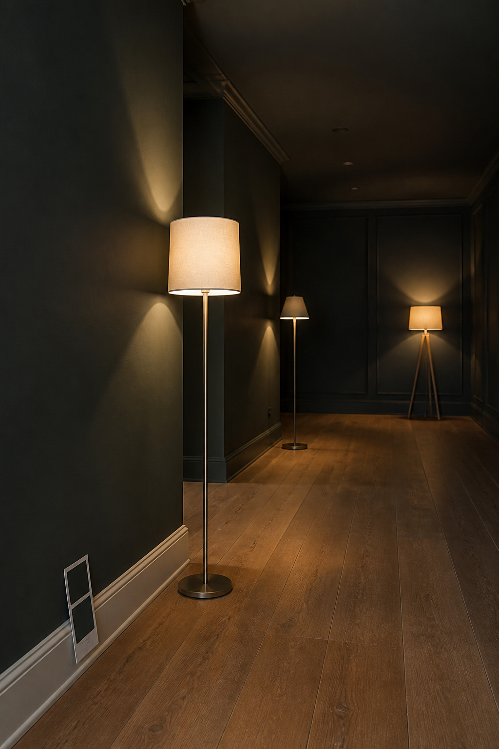 Empty colour-drenched charcoal-green living room with three test floor lamps placed before furniture to check light distribution