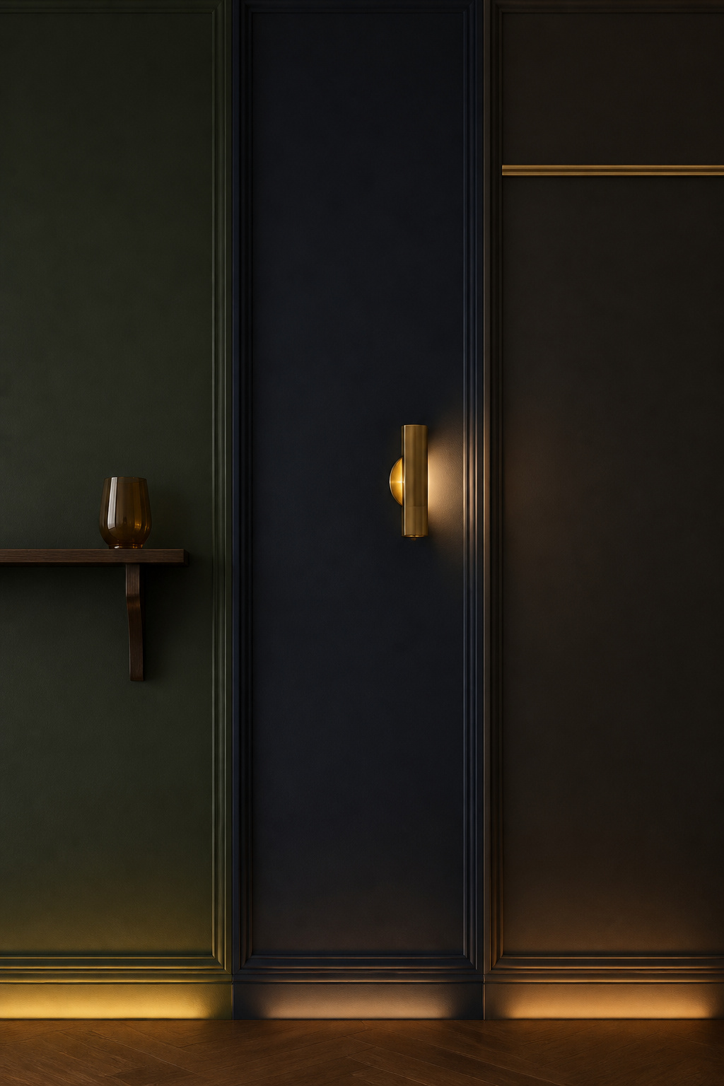 Side-by-side comparison of moody living room paint colors — deep forest green, inky navy, and warm charcoal matte walls with brass accents