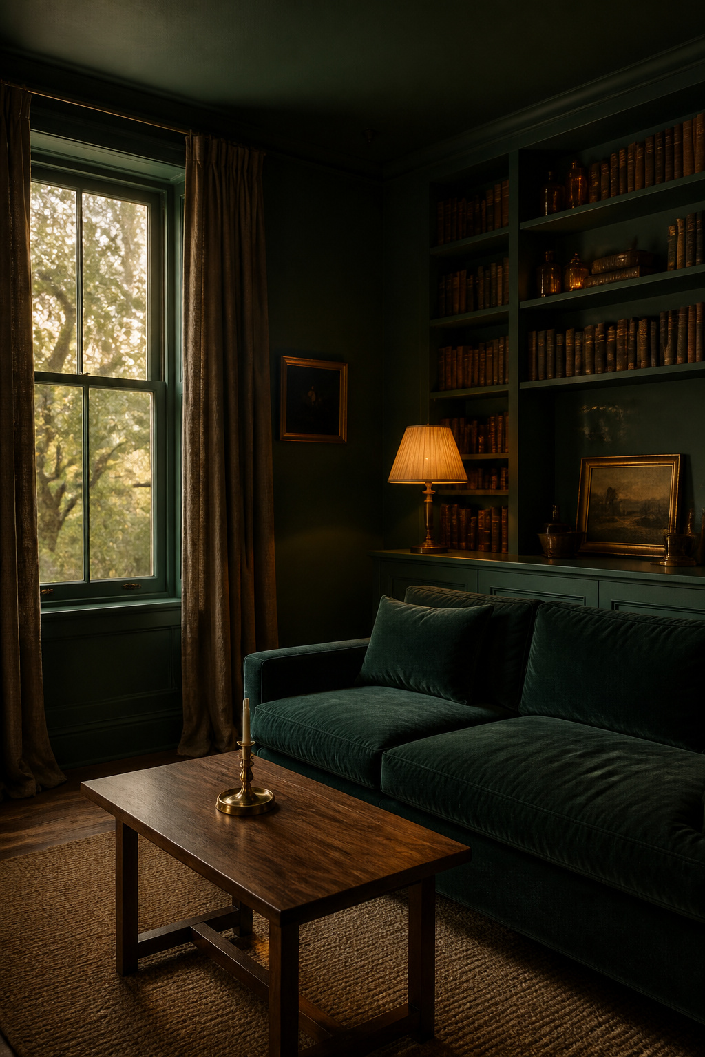 Color-drenched living room with deep forest green matte walls, ceiling and woodwork — velvet sofa and walnut table in warm late-afternoon light