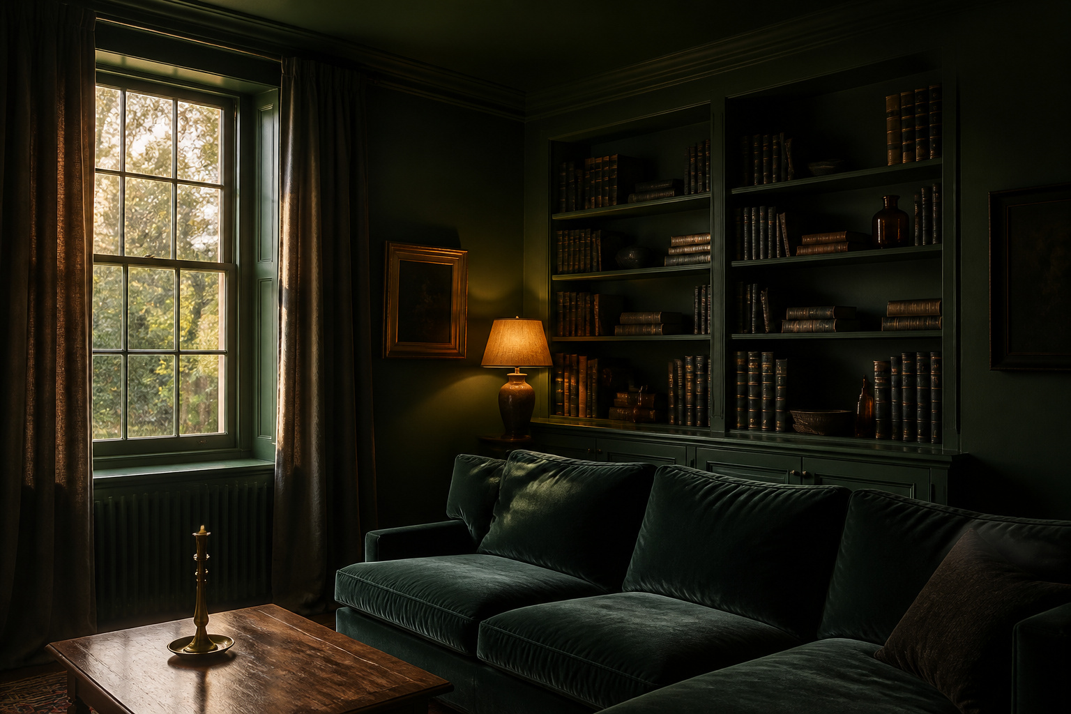 Color-drenched living room with deep forest green matte walls, ceiling and woodwork — velvet sofa and walnut table in warm late-afternoon light