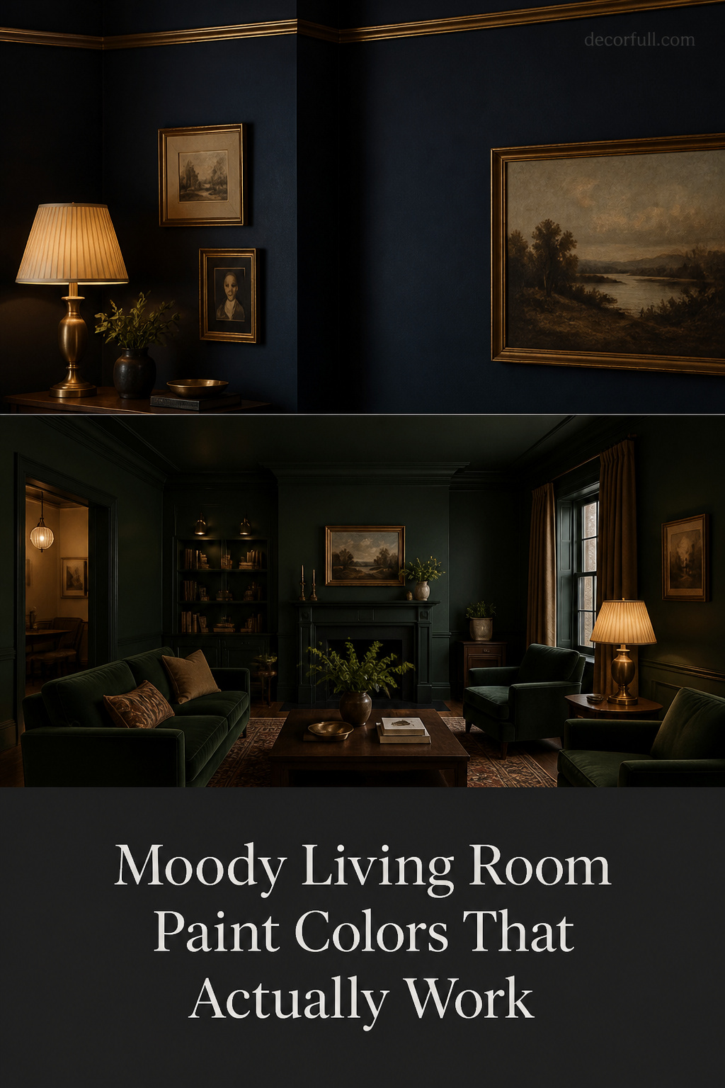 Pinterest collage of moody living room paint colors: deep navy close-up, forest green color-drenched living room, charcoal text overlay panel
