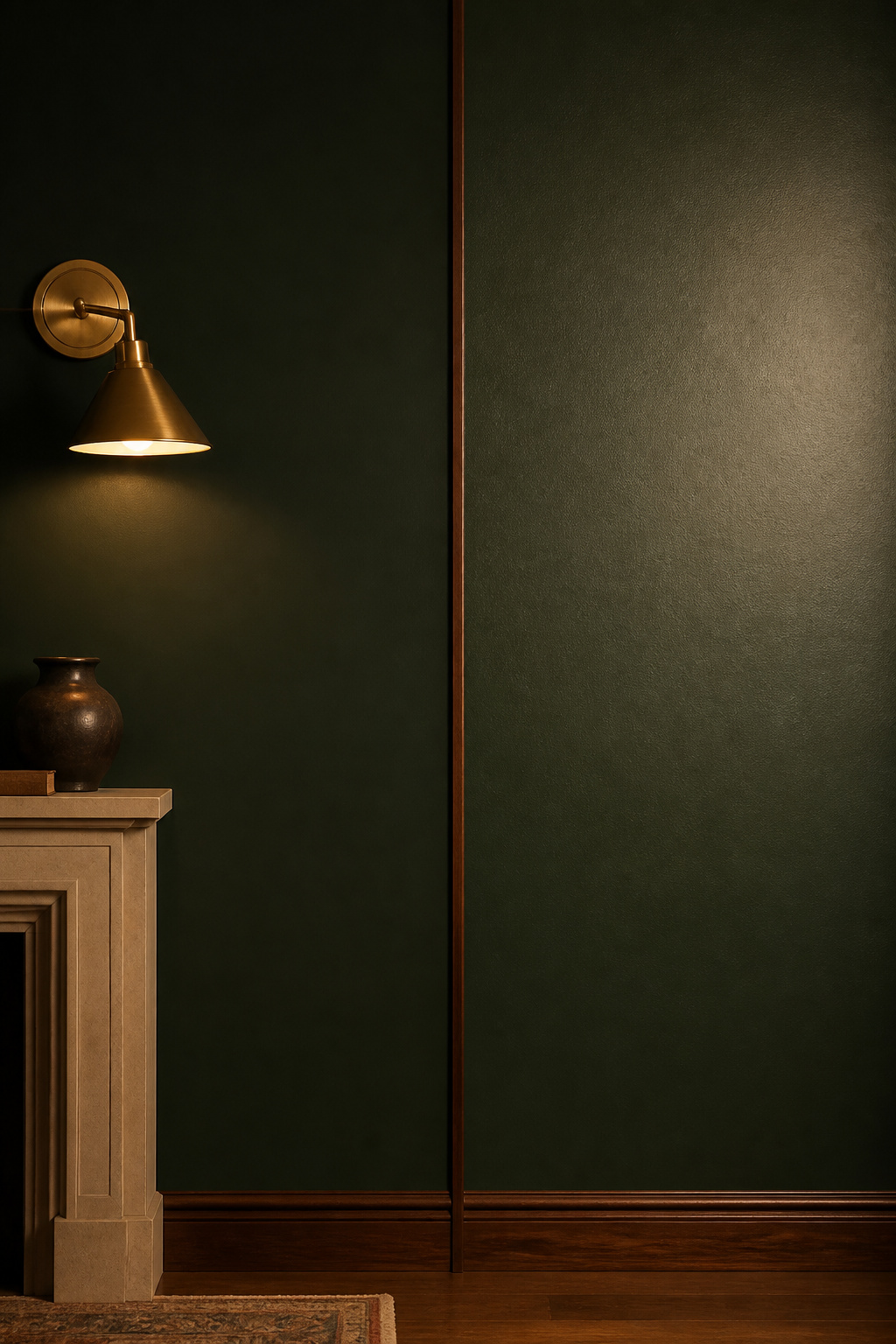 Split panel showing the same deep forest green in flat matte finish (left) versus eggshell finish (right) under warm brass lamp light