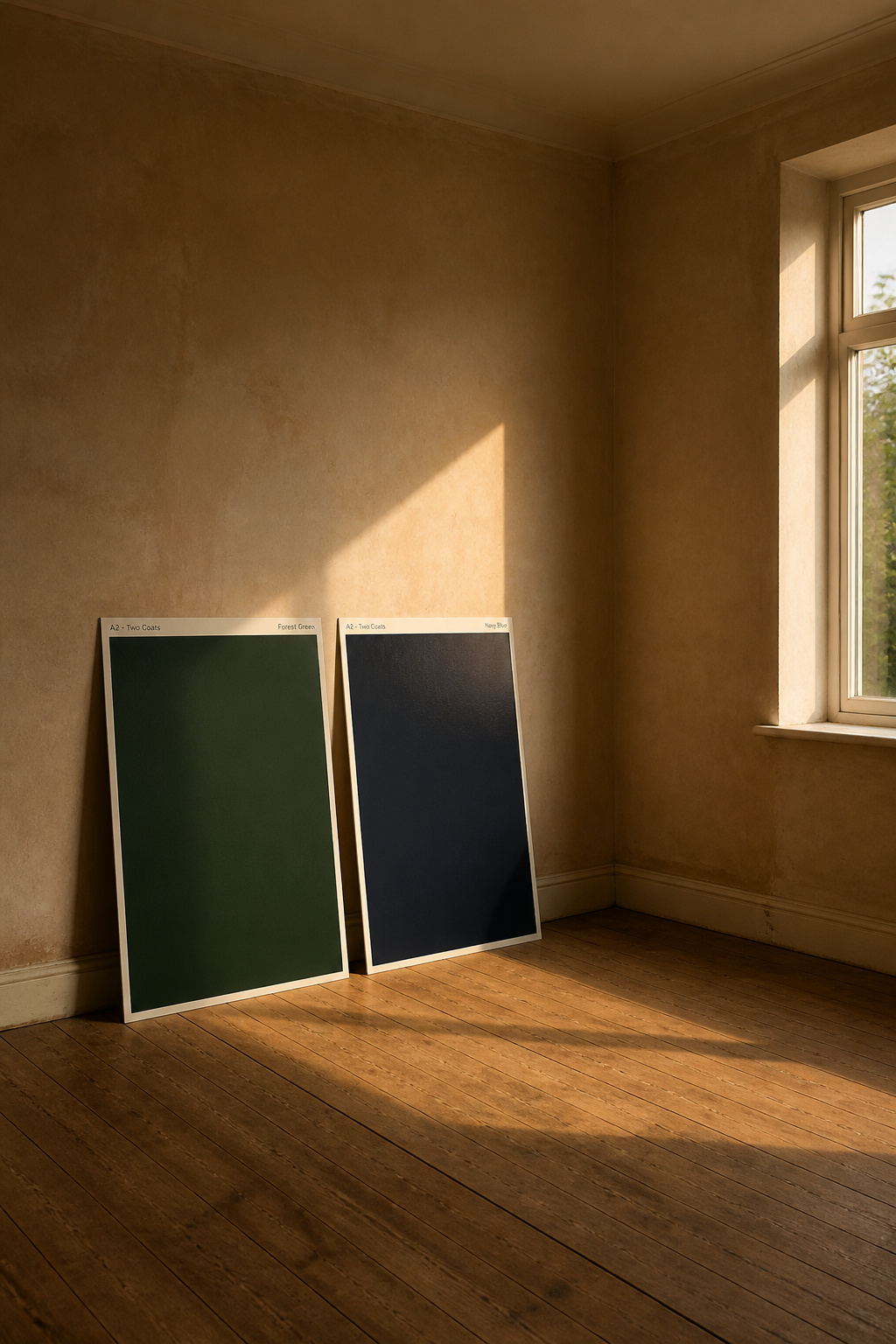 Large paint sample boards in deep green and navy leaning against a living room wall in warm afternoon light — correct sampling method for moody dark colors