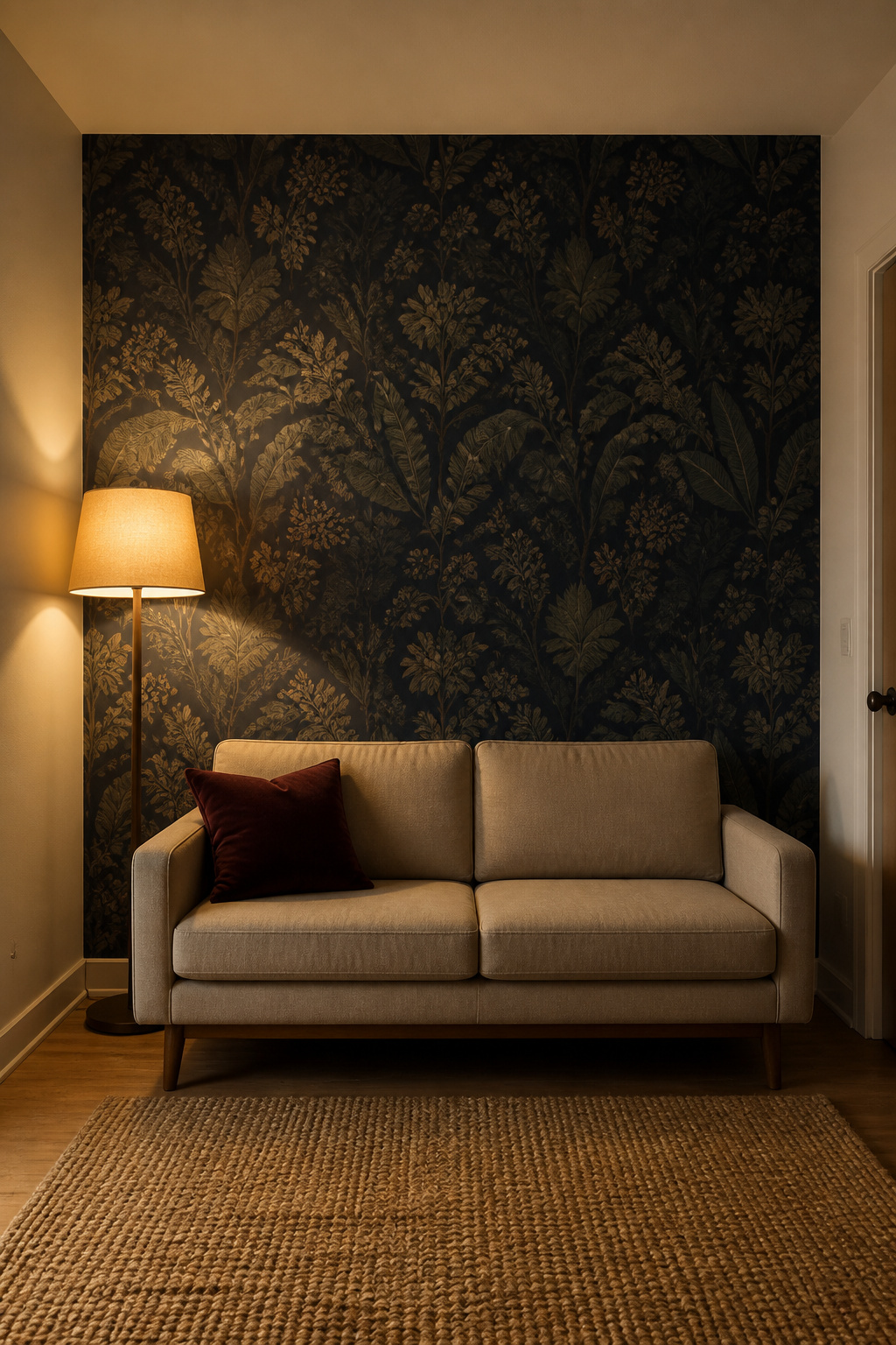 Rented living room with dark peel-and-stick wallpaper accent wall in deep navy behind a sofa, other walls plain white