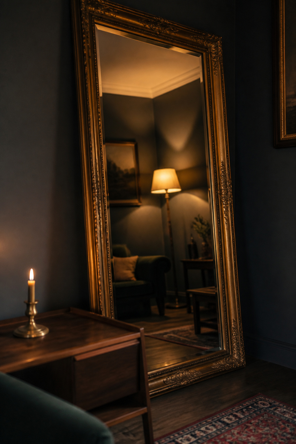 Small charcoal-walled living room with a large gilt-framed mirror reflecting floor lamp warmth across the room