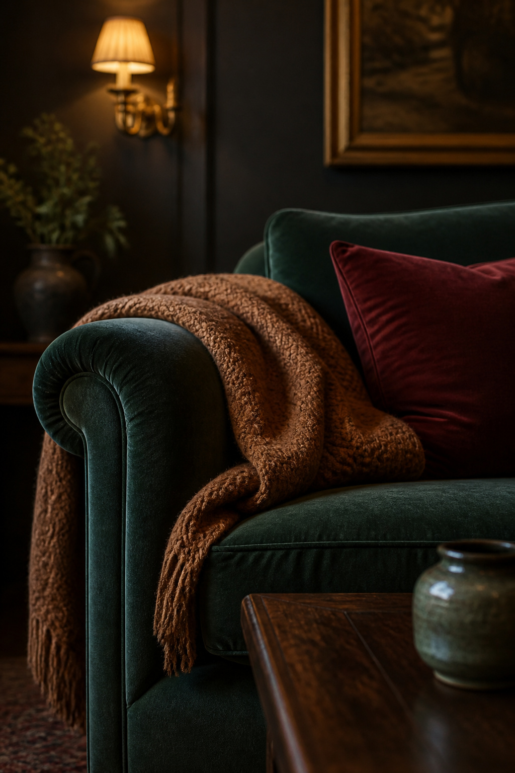 Deep green velvet sofa arm with caramel wool throw and oxblood velvet cushion beside a dark walnut table, charcoal wall with brass sconce behind