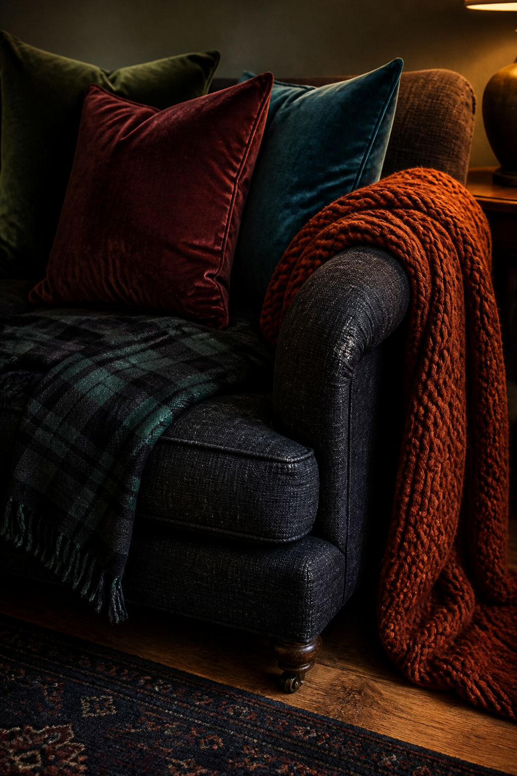 Dark sofa arm styled with three velvet cushions in forest green, burgundy and teal plus a chunky rust throw and dark plaid blanket