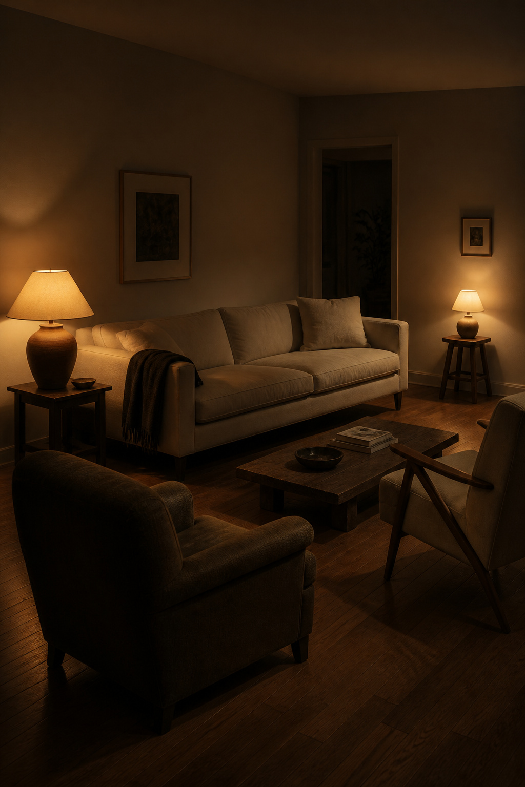Living room with sofa floated from wall and seating arranged in a conversation triangle — lamps only, no overhead light, dark throw on arm