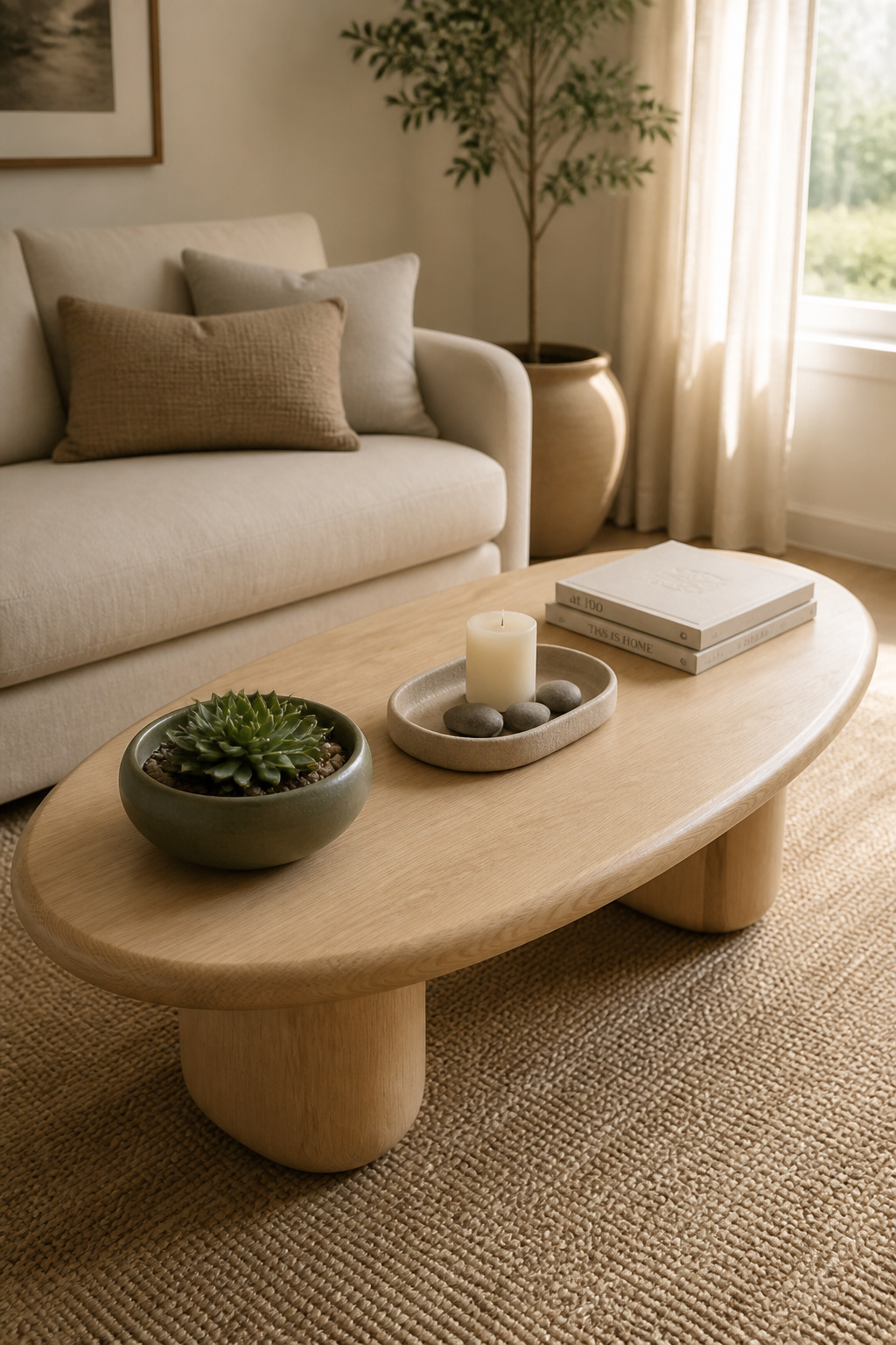 Oval ash coffee table styled along the long axis with a sage ceramic bowl, linen tray with candle and stones, and flat-stacked books — all organic forms, no sharp corners