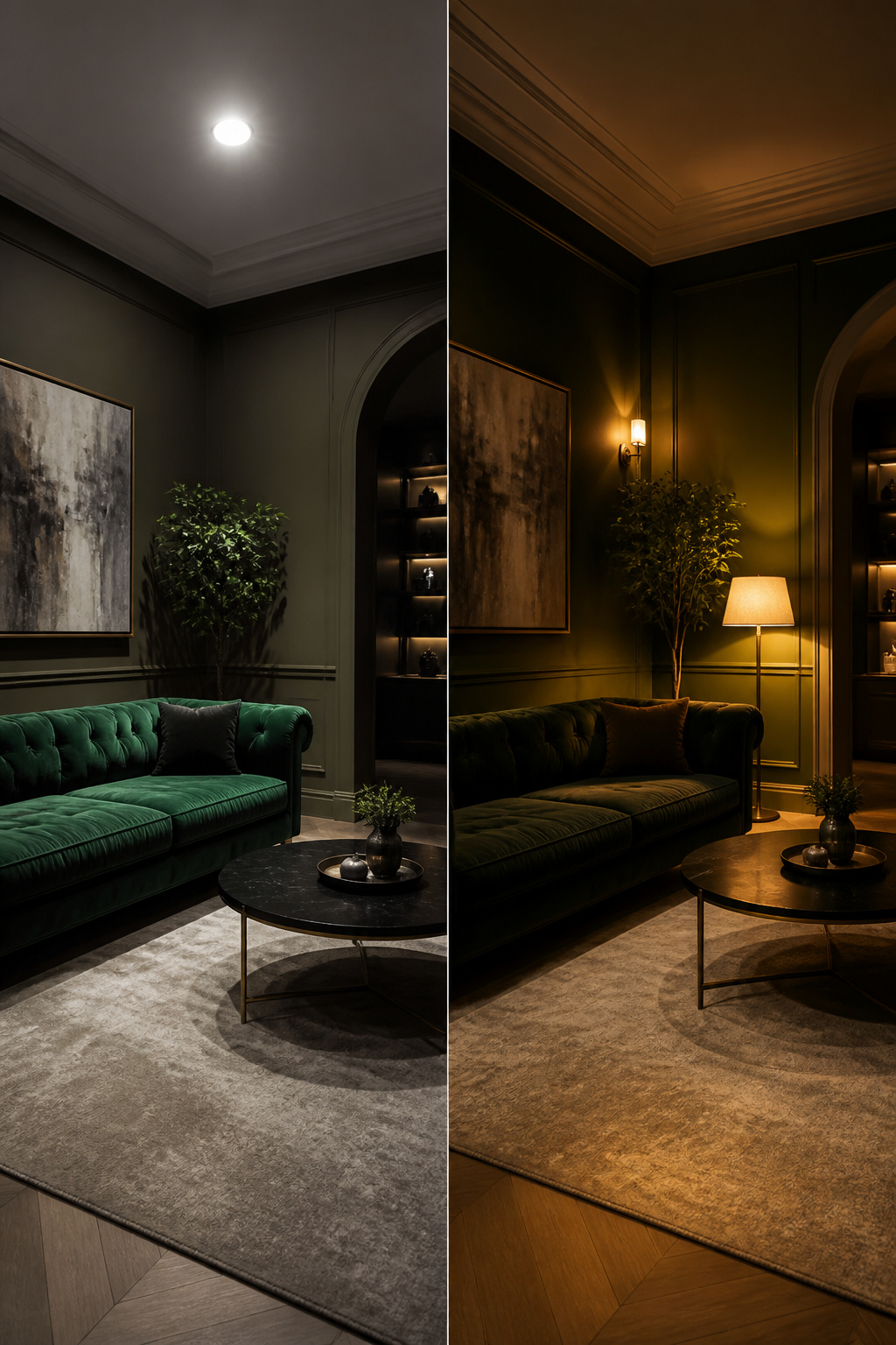 Side-by-side comparison: moody living room under flat overhead light left versus layered warm lamp light right