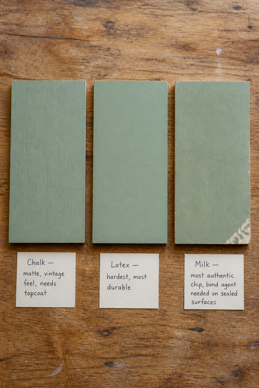 Three painted wood sample boards comparing chalk paint, furniture latex, and milk paint in sage green showing different textures and finish qualities for vintage furniture