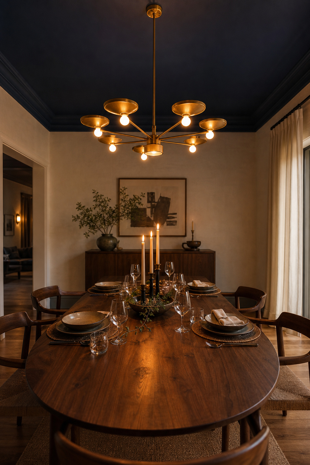 Dining room with a deep indigo painted ceiling reflecting chandelier candlelight onto a walnut table