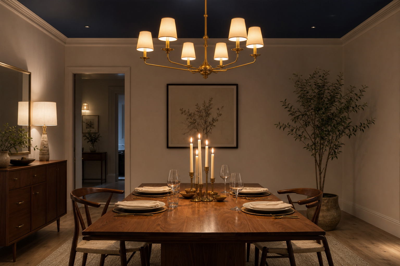 Dining room with a deep indigo painted ceiling reflecting chandelier candlelight onto a walnut table