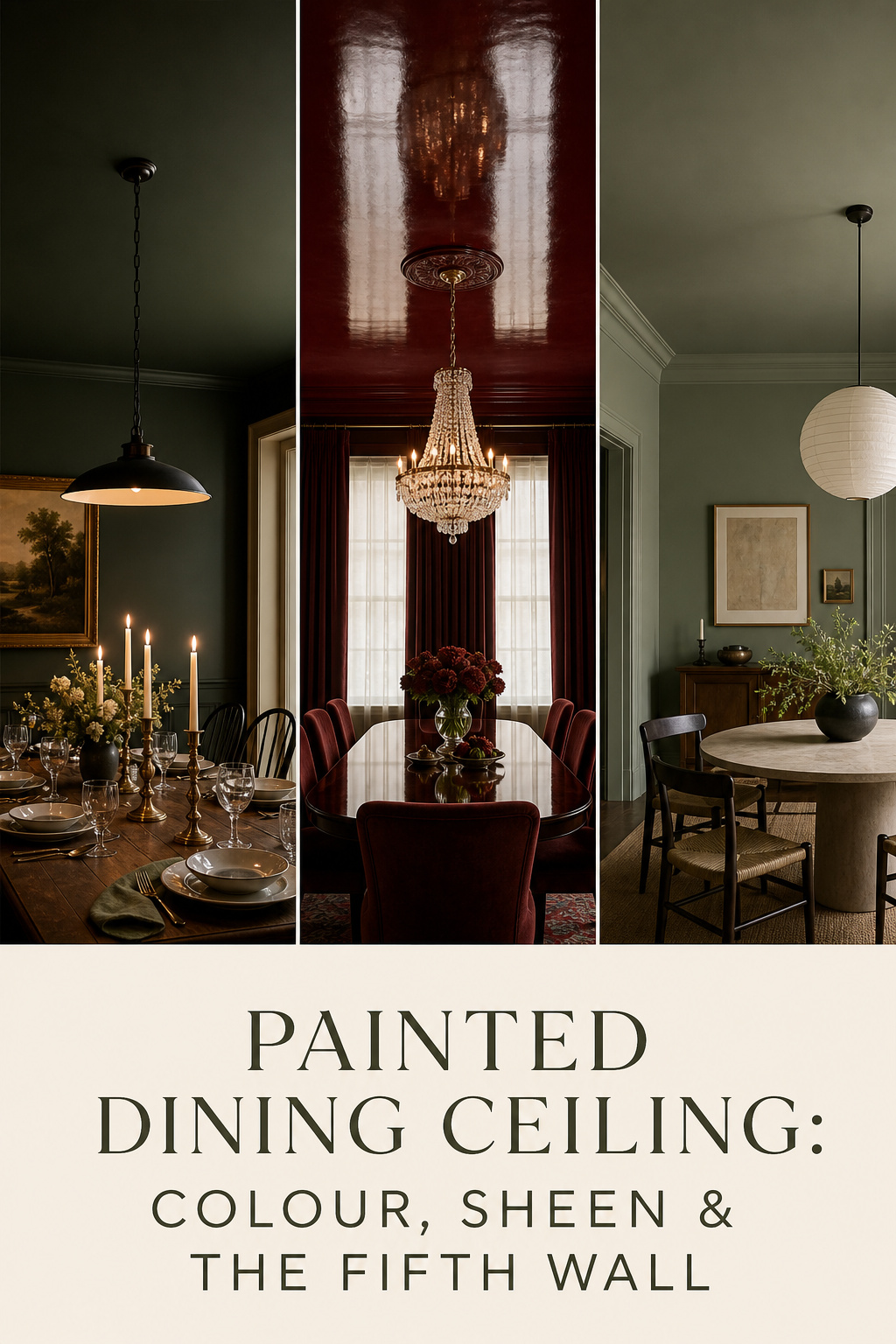 Three dining room ceiling paint ideas — matte dark green, high-gloss burgundy, and colour-drenched sage — shown side by side