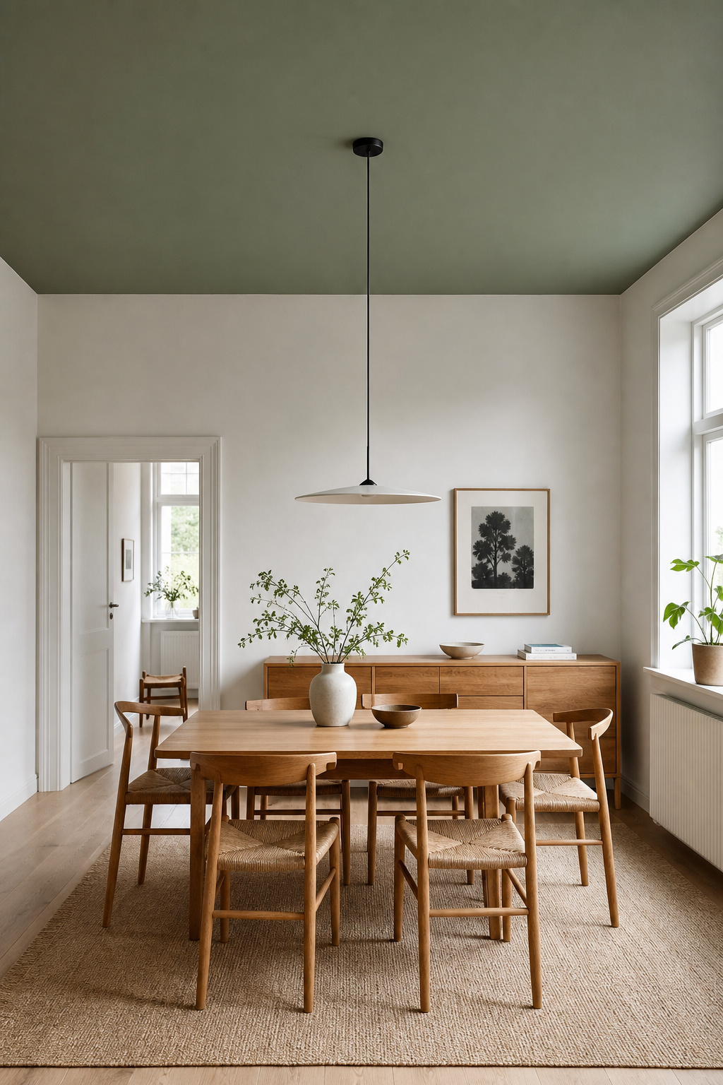 Clean flat dining room ceiling painted deep sage green with minimal Scandinavian dining furniture below