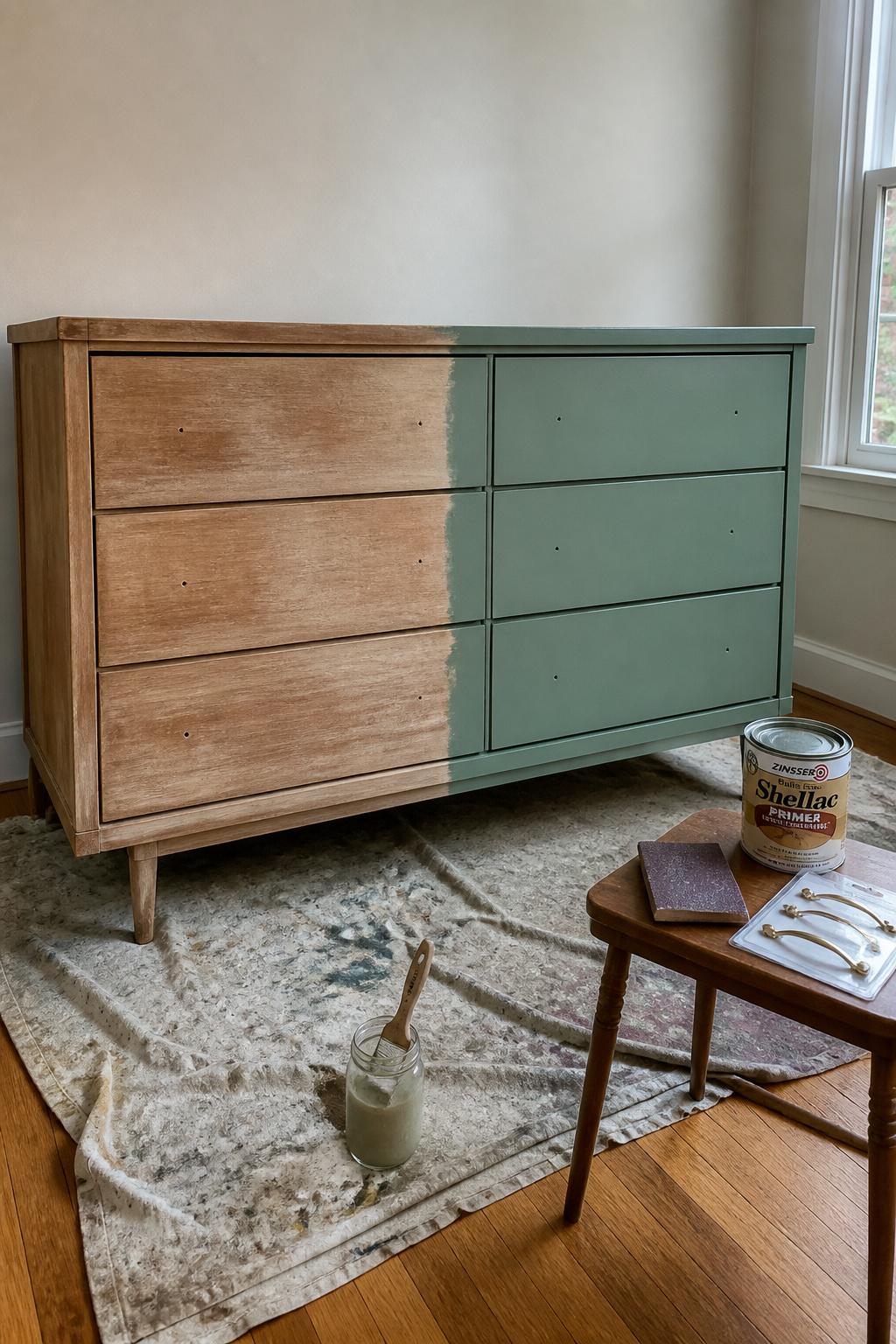 Vintage dresser mid-paint transformation on a drop cloth showing sanded raw wood beside sage-green painted surface with primer and new brass hardware nearby