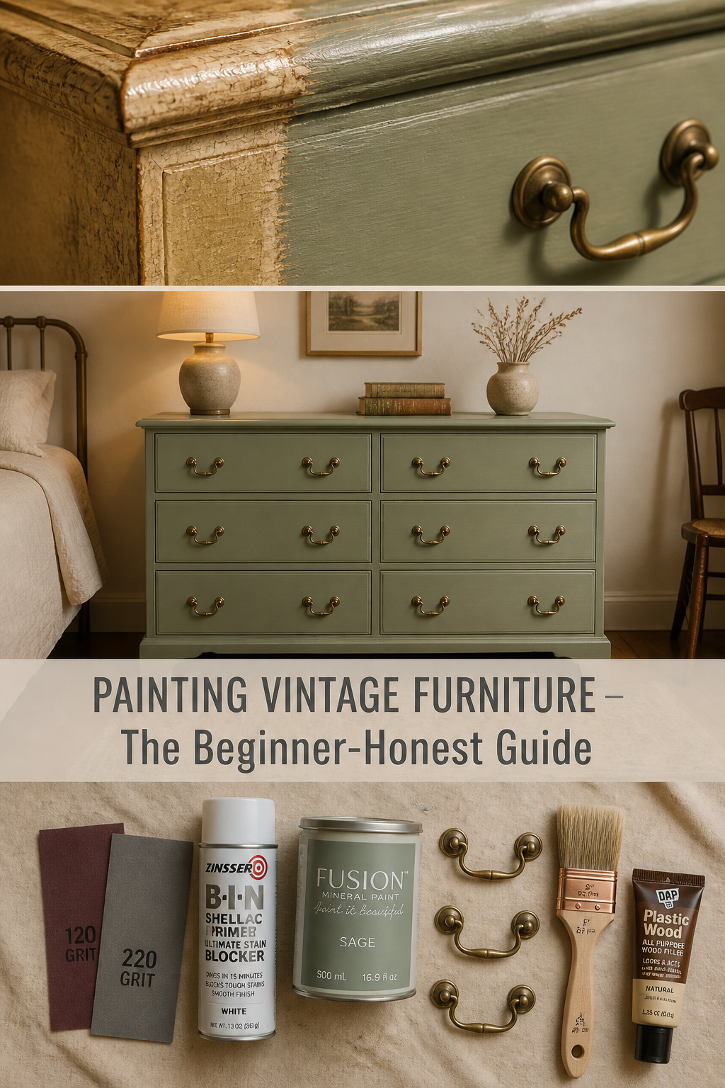 Pinterest guide to painting vintage furniture showing old crackled finish beside fresh sage-green paint, styled finished dresser with brass pulls, and materials flat lay