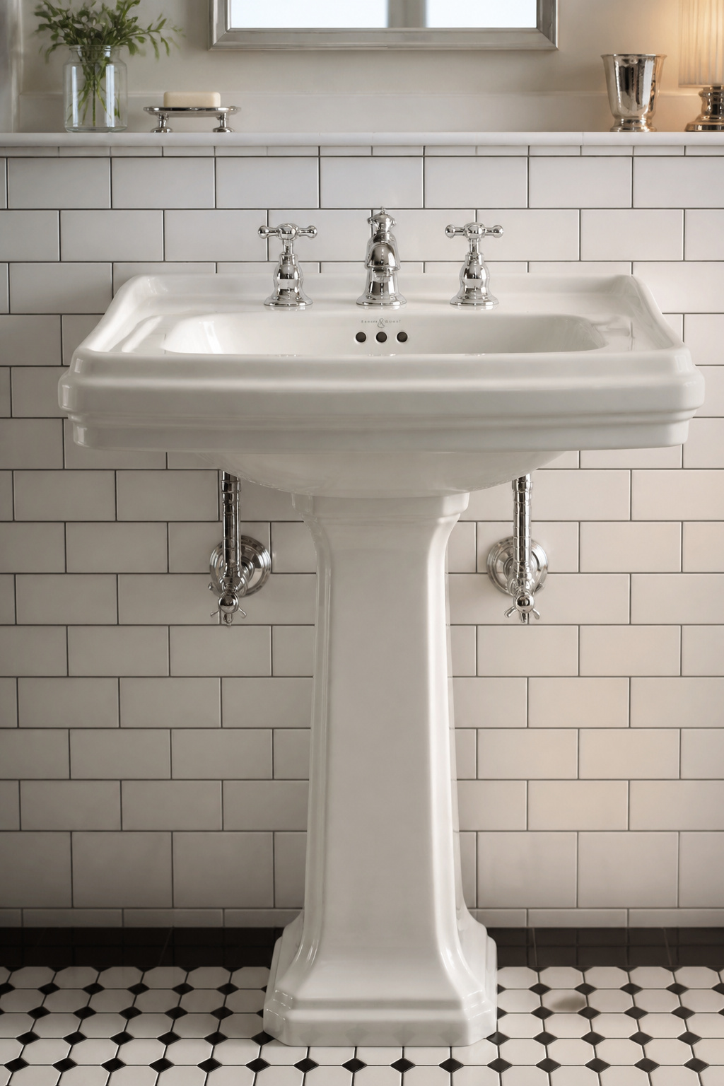 White vitreous china pedestal sink with sculpted column, cross-handle chrome taps, and exposed chrome supply lines on hex tile floor