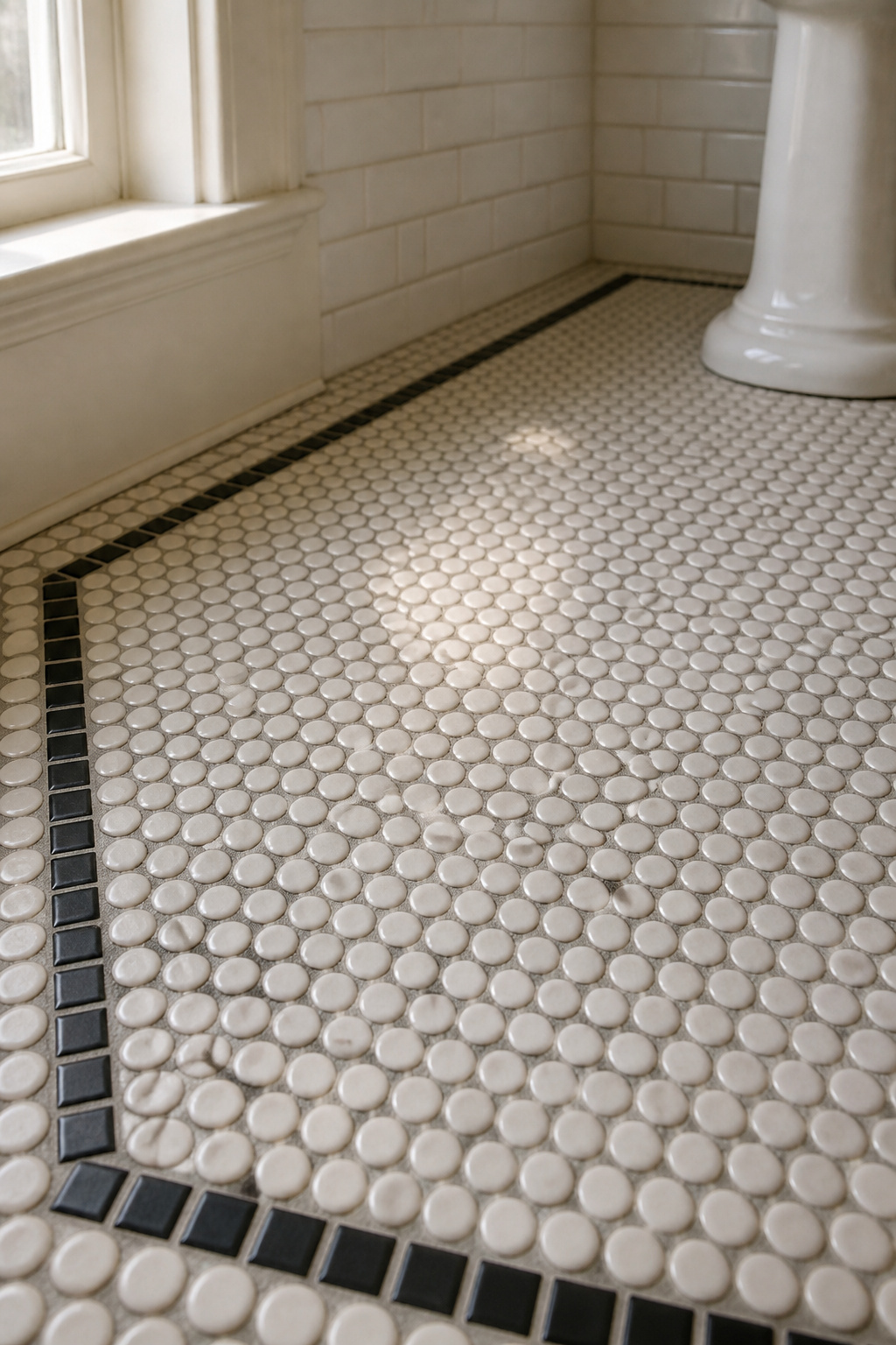 Period-accurate Victorian bathroom floor with white 3/4-inch penny round tiles and a single black square border, mid-grey grout