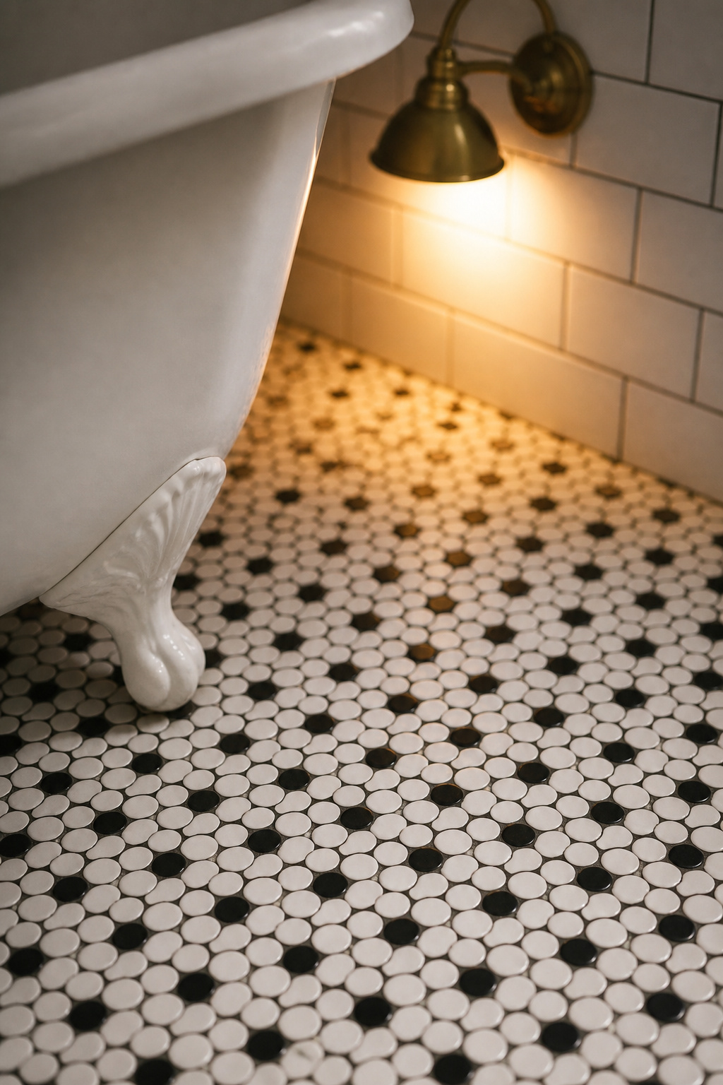 Black-and-white penny tile floor with charcoal grout lines in a modern vintage bathroom, with warm brass sconce light above