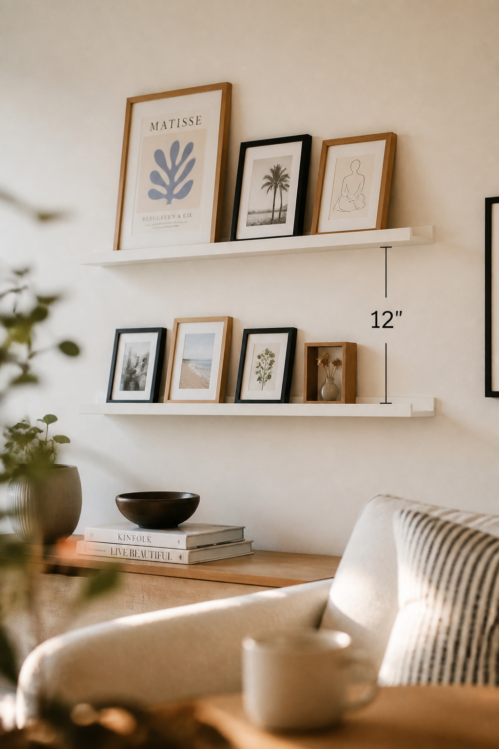 Two picture ledges on a Scandinavian living room wall hold a family photo arrangement with deliberate space left for future additions, showing the updateable ledge system