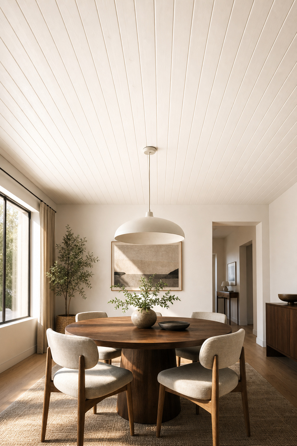 White tongue-and-groove planked ceiling in a contemporary dining room with round walnut table and afternoon light