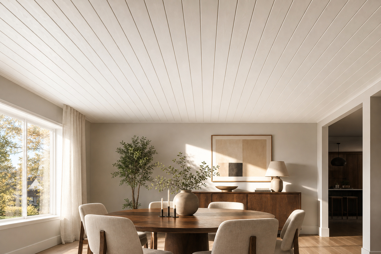White tongue-and-groove planked ceiling in a contemporary dining room with round walnut table and afternoon light