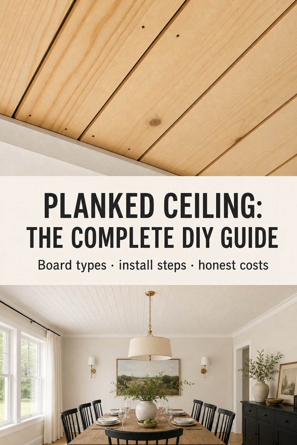 Planked ceiling dining room DIY guide Pinterest collage showing board detail, text overlay, and finished room