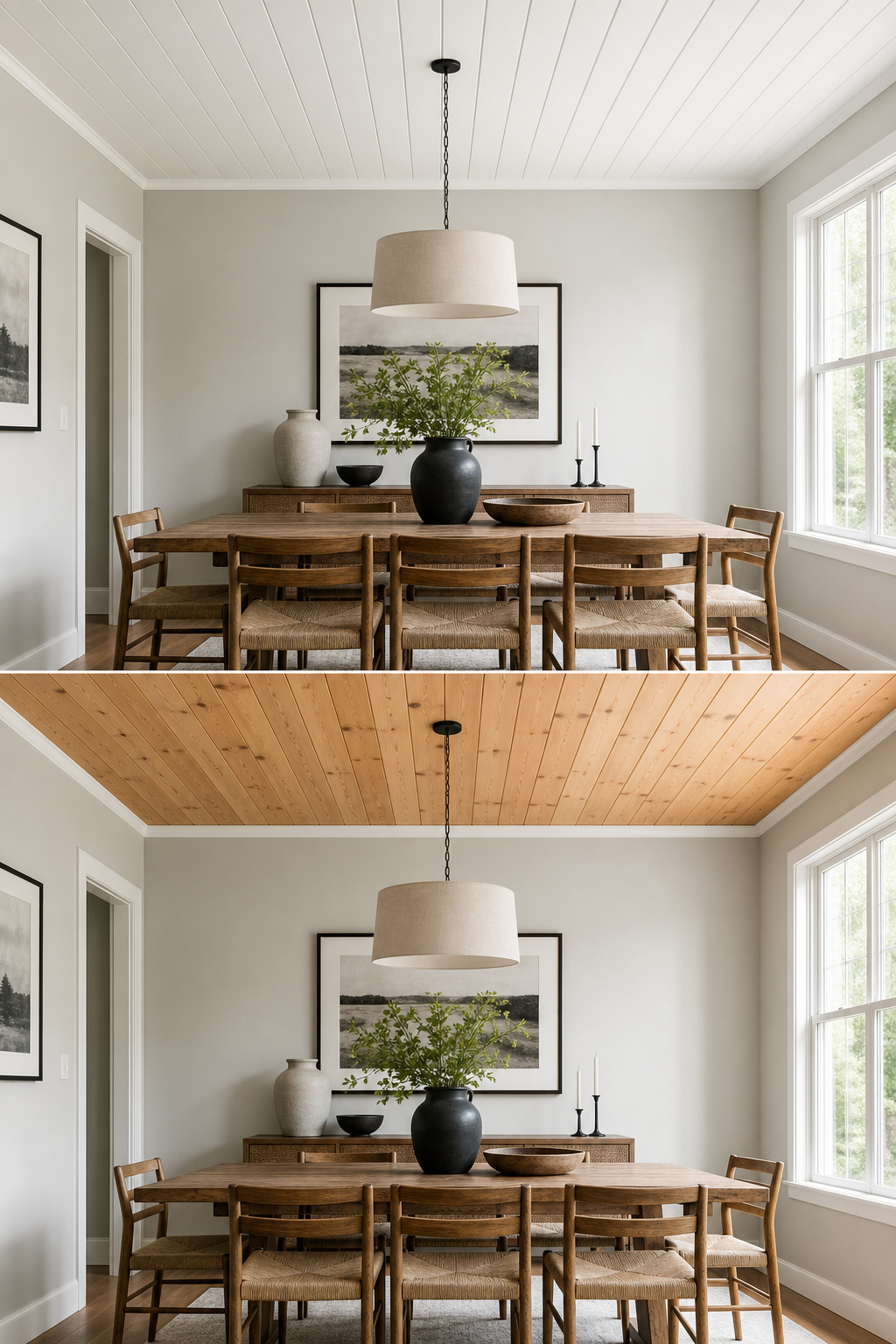 Comparison of white-painted versus natural-sealed tongue-and-groove dining room ceiling in the same room