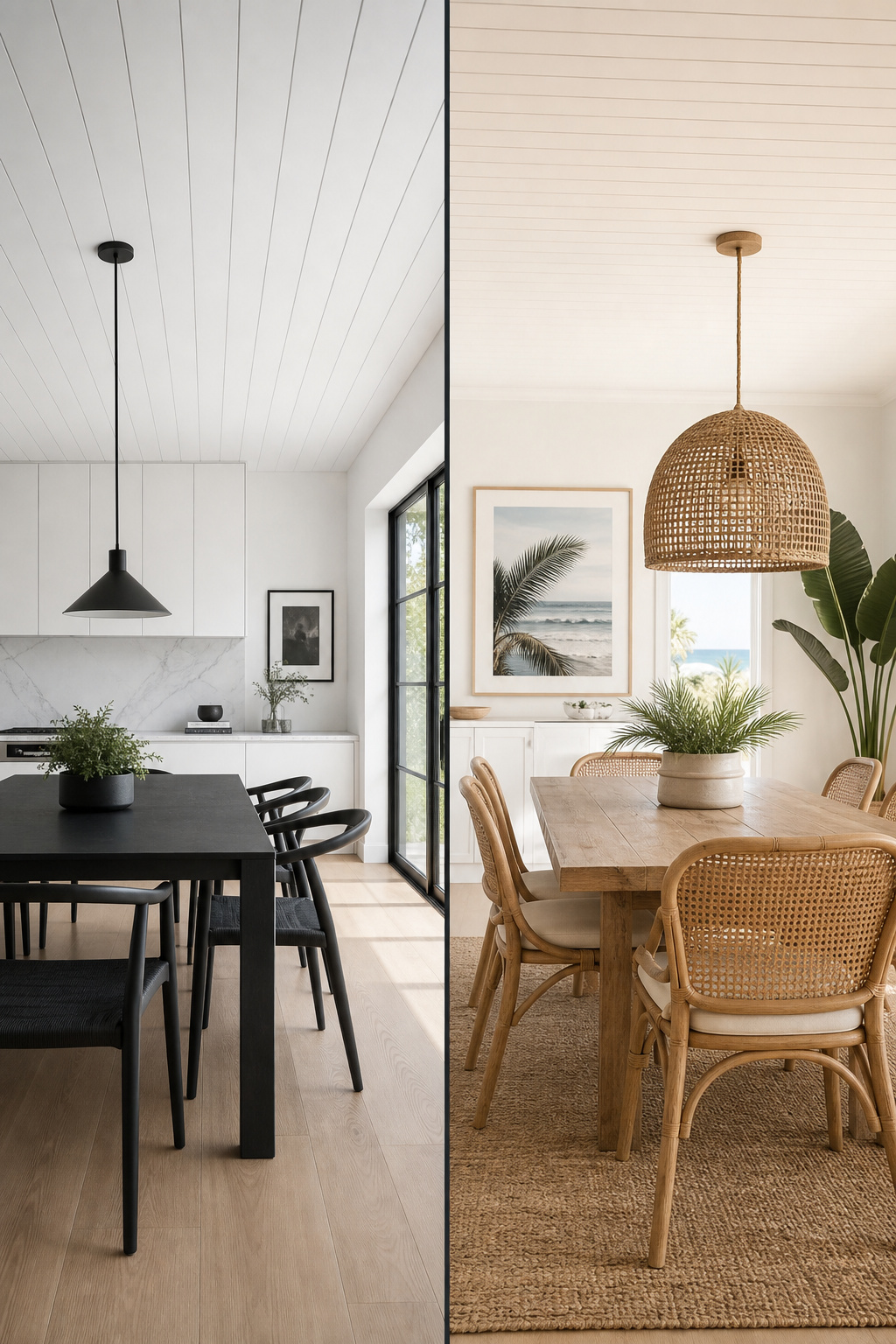 Side-by-side comparison of contemporary narrow-plank and coastal beadboard dining room ceilings