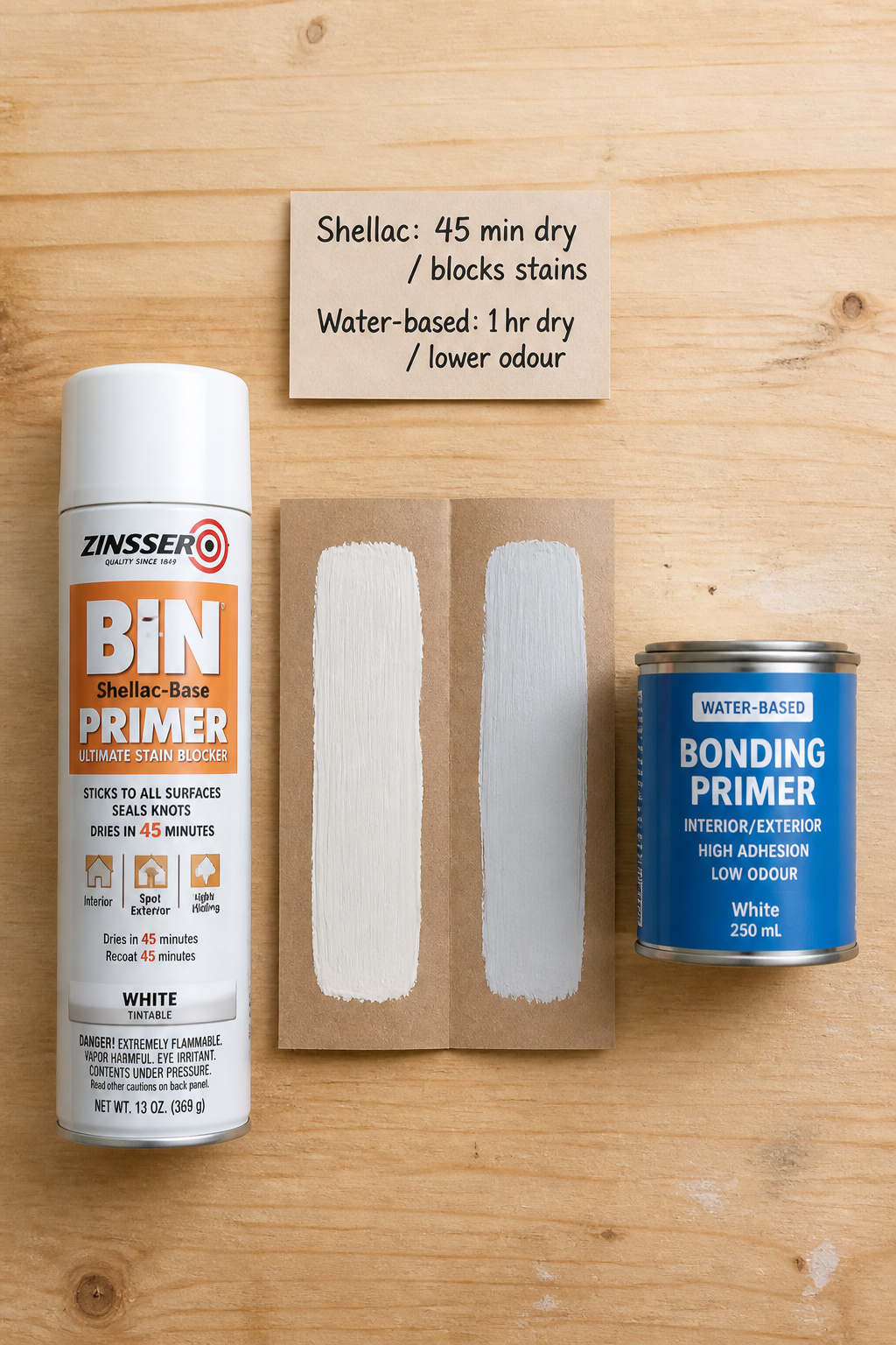 Zinsser BIN shellac primer and water-based bonding primer side by side with swatch comparison showing the two main primer choices for painting vintage furniture