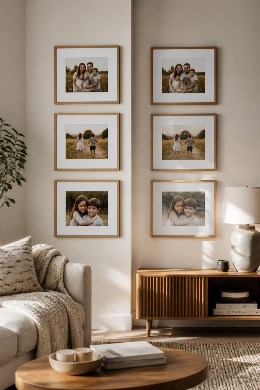 Comparison of matte and lustre photo print finishes in matching frames on a living room wall, showing the glare difference under natural light