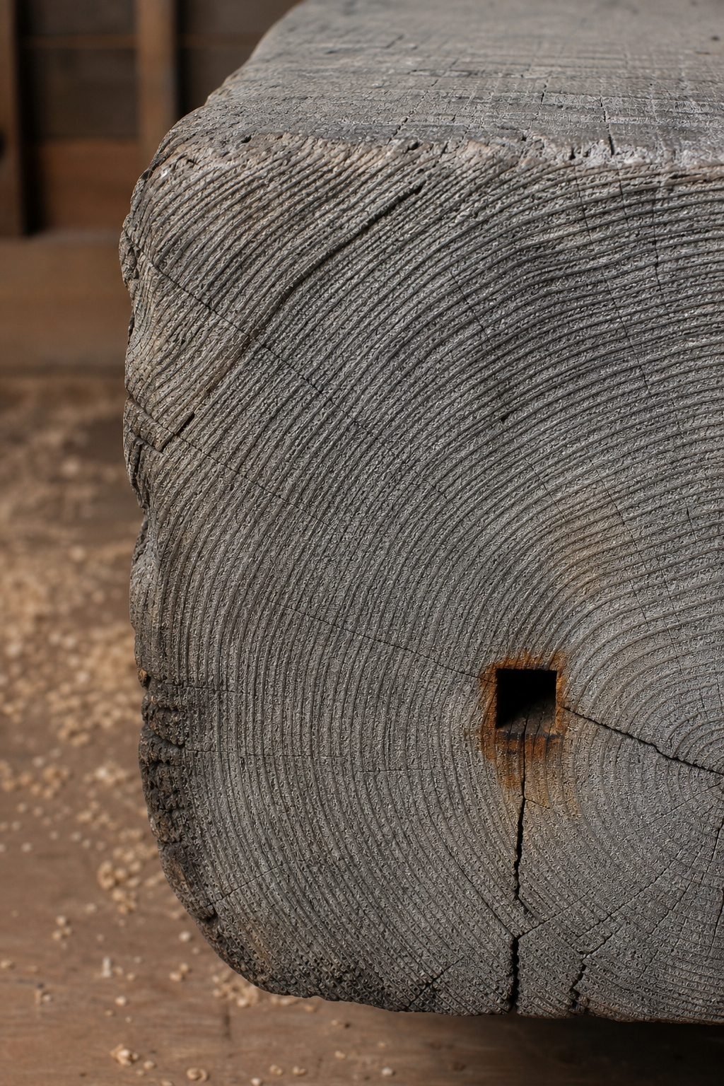 End grain cross-section of old-growth reclaimed oak beam showing densely packed growth rings and a square-cut nail hole with rust staining