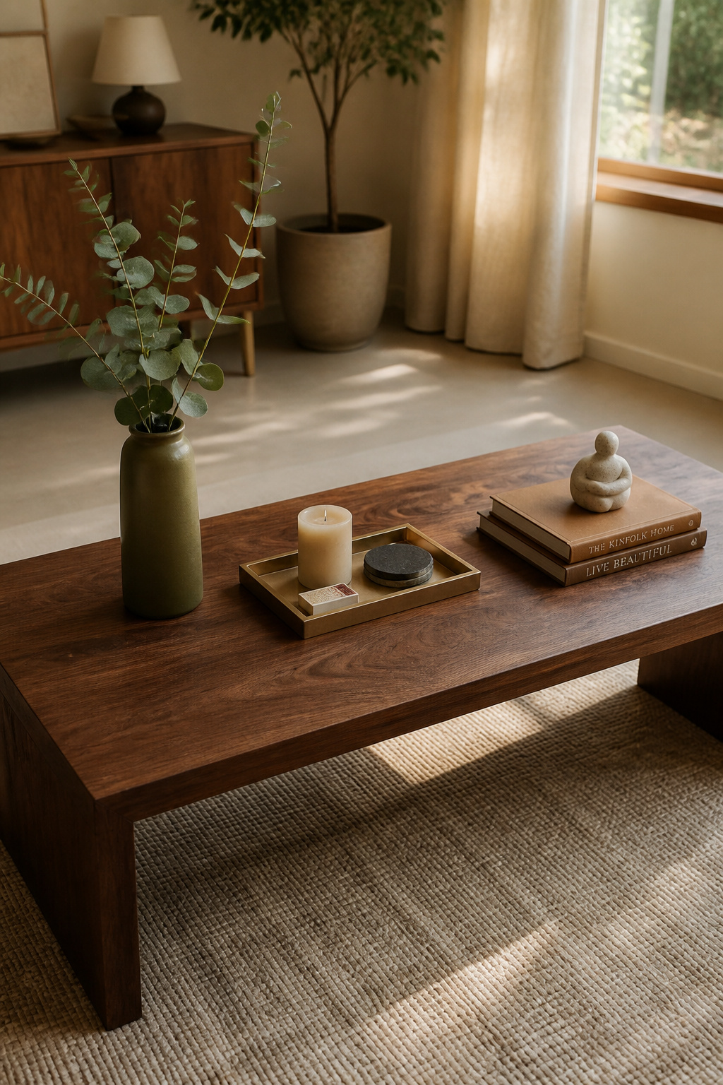 Rectangular walnut coffee table styled with three distinct zones — tall vase with stems, centre tray, and stacked books with ceramic — each zone clearly separated by negative space