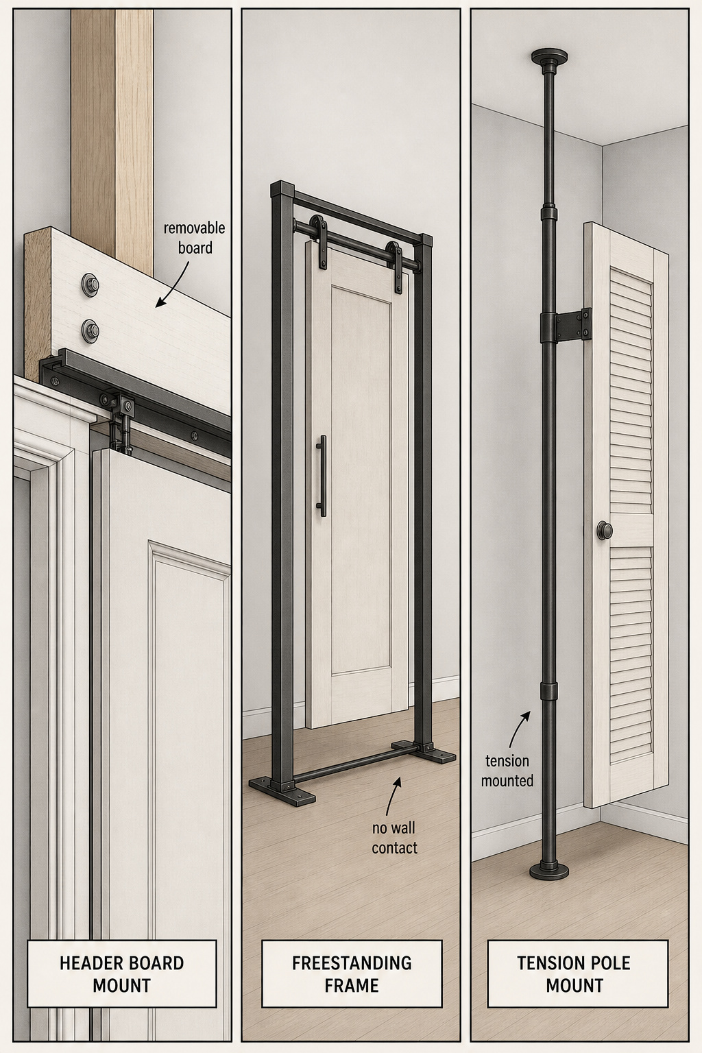 Three side-by-side diagrams showing removable header board, freestanding frame, and tension-mounted track methods for renter barn door installation