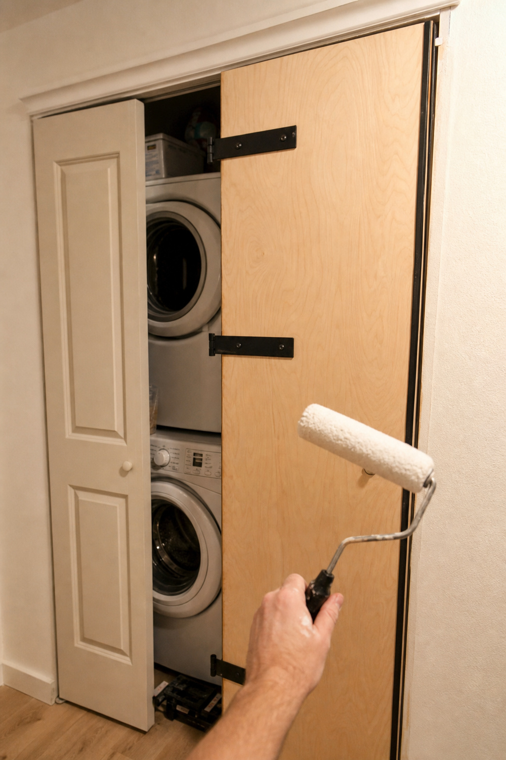 Renter laundry closet bifold door being upgraded with a plywood overlay and surface-mount strap hinges for a barn door look without replacing the hardware