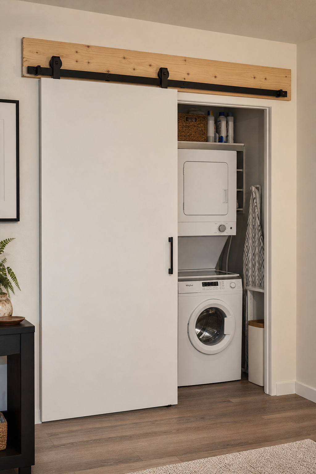 Renter-friendly barn door installation with a backer board above the opening, keeping all screw holes in the board rather than directly in drywall