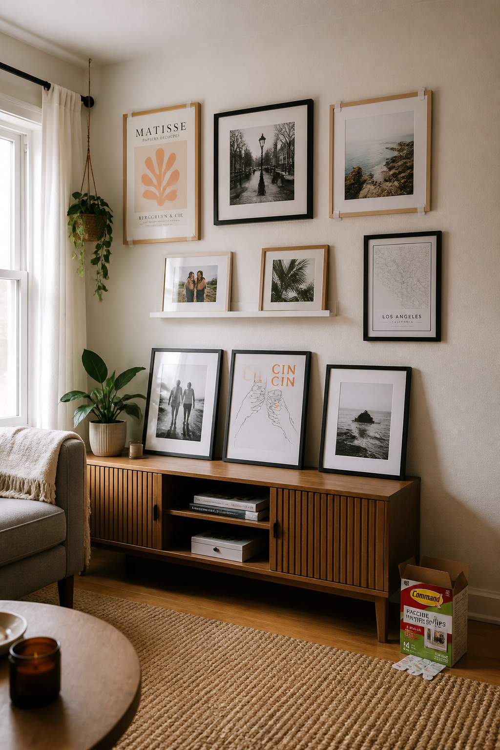 Renter-friendly gallery wall in a white apartment living room using adhesive strips, a picture ledge, and leaning frames on a console table