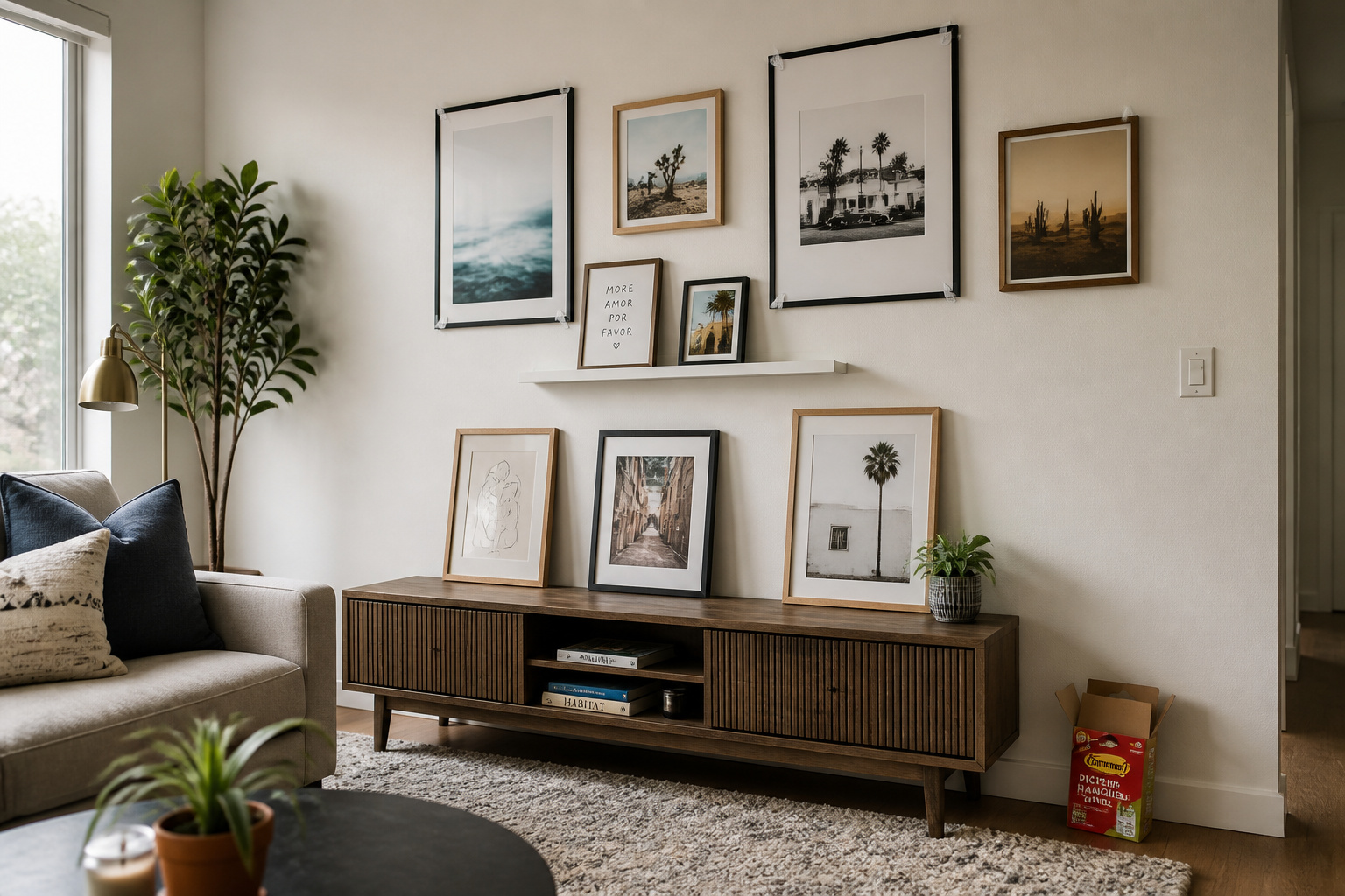 Renter-friendly gallery wall in a white apartment living room using adhesive strips, a picture ledge, and leaning frames on a console table