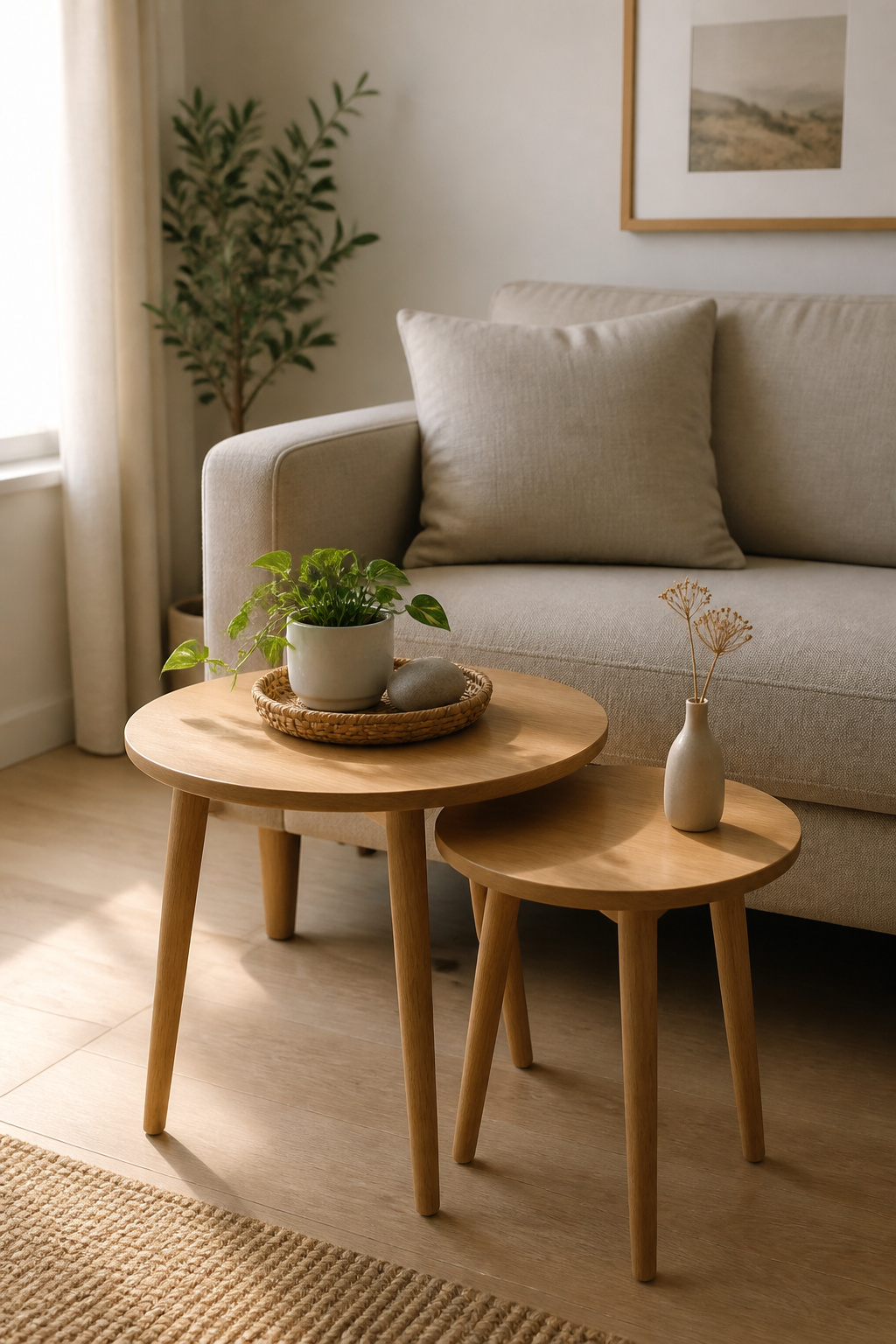 A set of two nesting tables with slim tapered oak legs in a small living room — the larger table styled with a single woven tray holding a small plant and stone, the smaller table with a slim bud vase — demonstrating renter-friendly compact coffee table alternatives