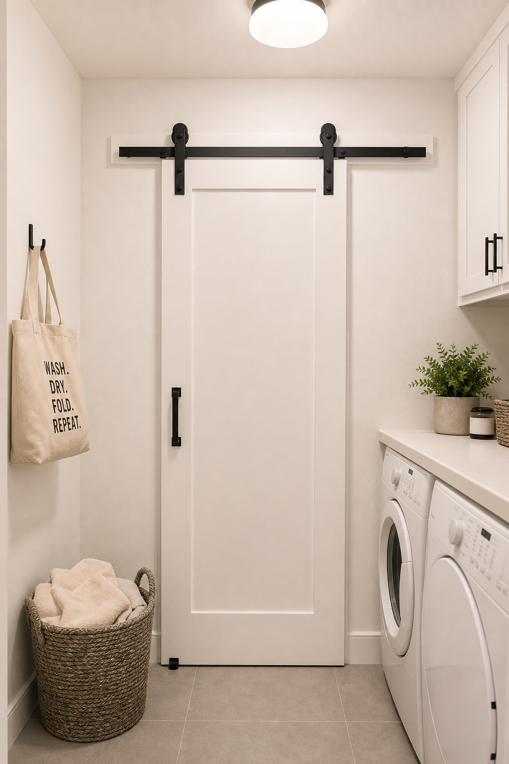 Renter-friendly sliding barn door on a removable header board over a laundry room closet, with no drill holes in wall or floor