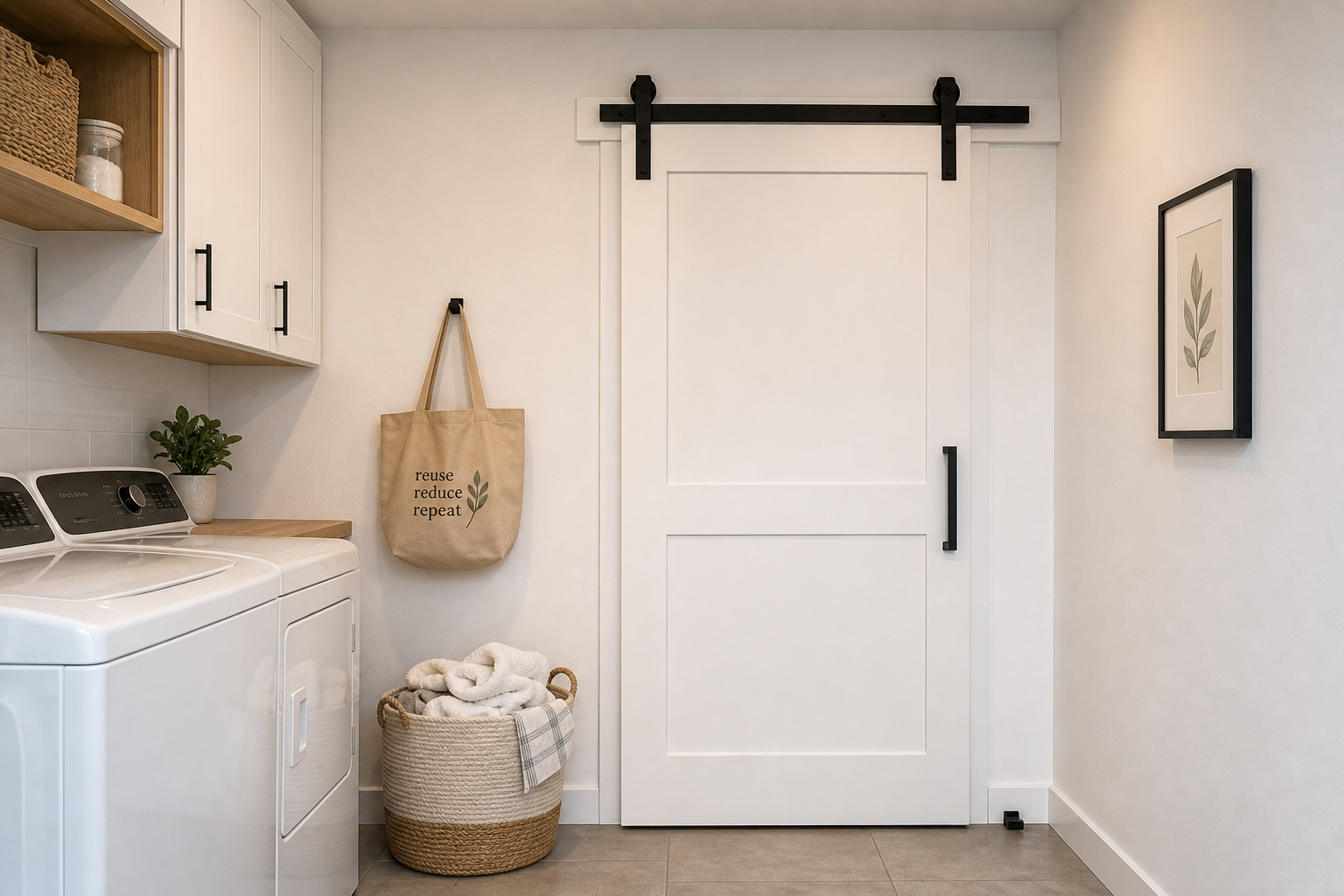 Renter-friendly sliding barn door on a removable header board over a laundry room closet, with no drill holes in wall or floor