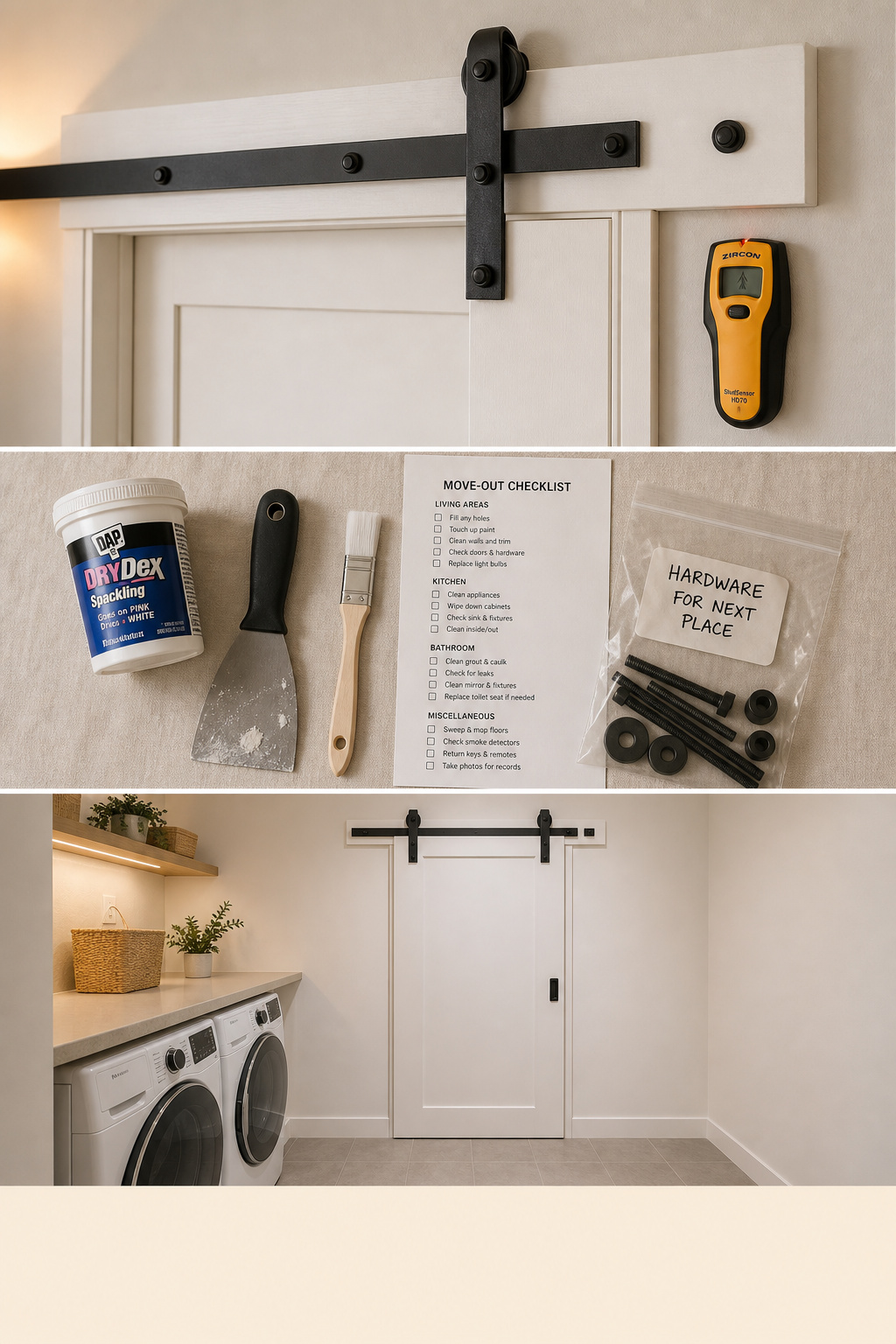 Pinterest collage showing renter barn door installation: removable header board with track, move-out repair toolkit, and finished no-drill sliding door result