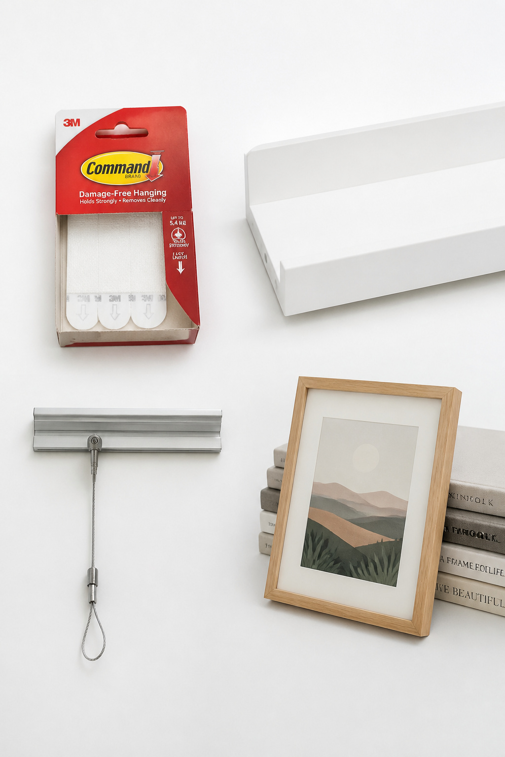 Flat-lay of four renter gallery wall methods: Command strips pack, picture ledge, gallery rail, and a leaning frame on books