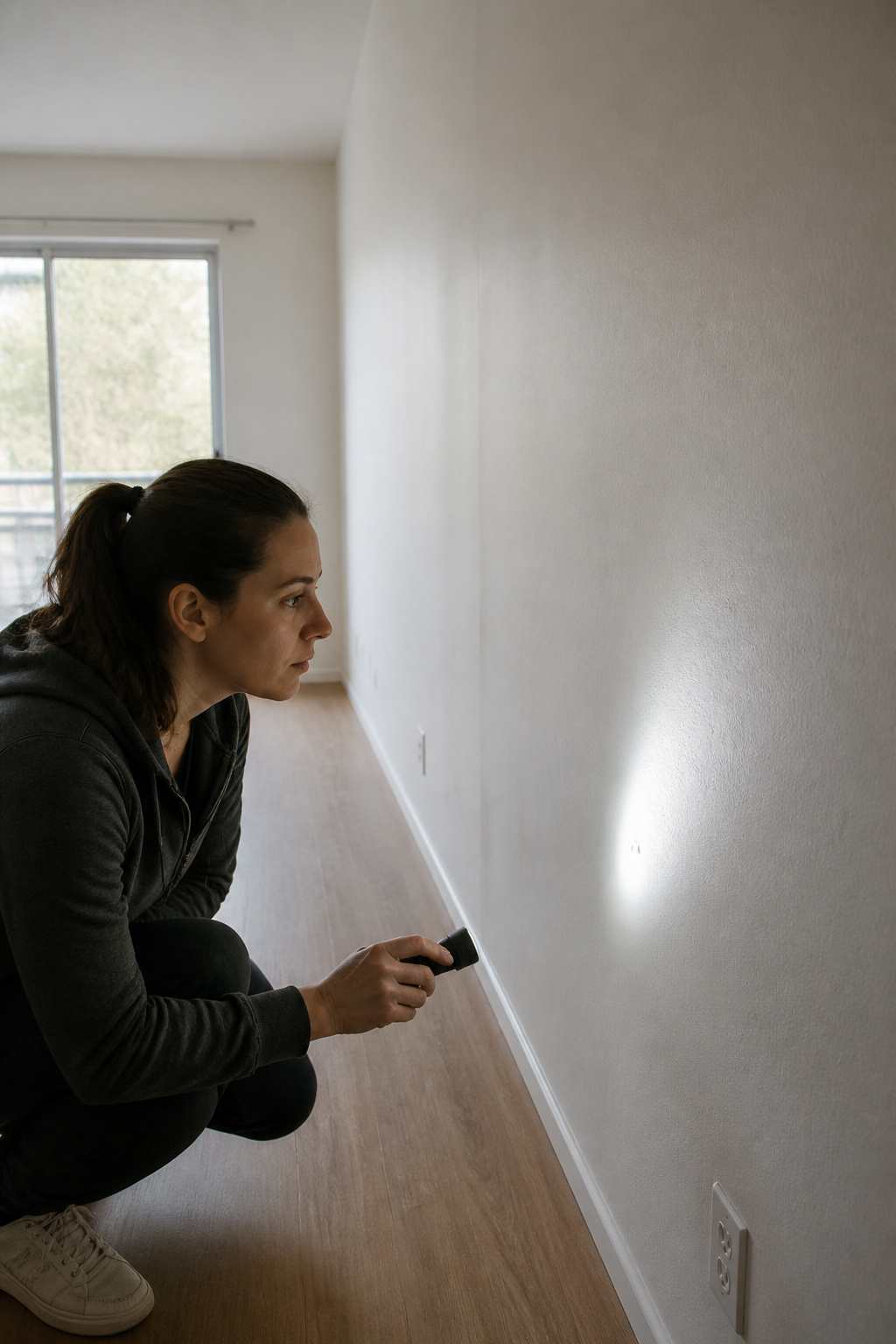 Person using a torch at oblique angle to inspect a white apartment wall for adhesive residue and holes before a rental inspection