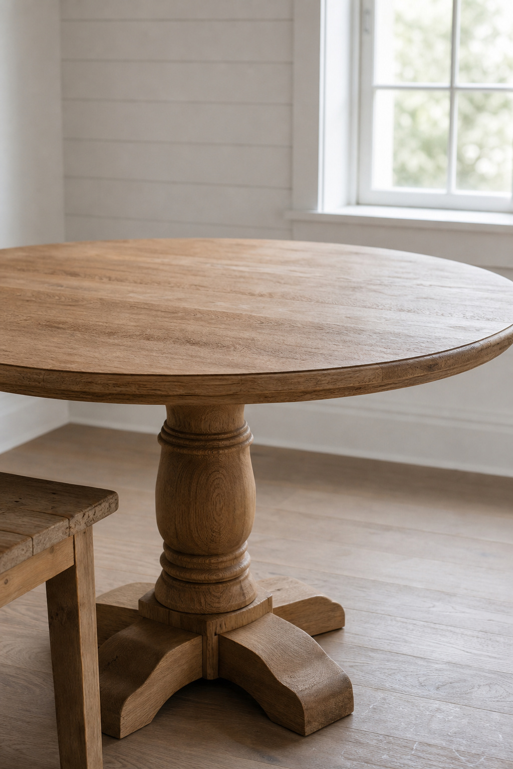 A 36-inch round solid oak farmhouse dining table on a pedestal base in a compact dining nook with white walls and natural light