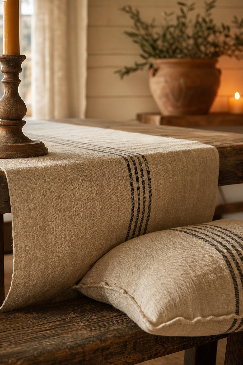 Rustic farmhouse dining table layered with unbleached linen runner and grain-sack-stripe bench cushion, with terracotta pottery and warm candlelight in the background