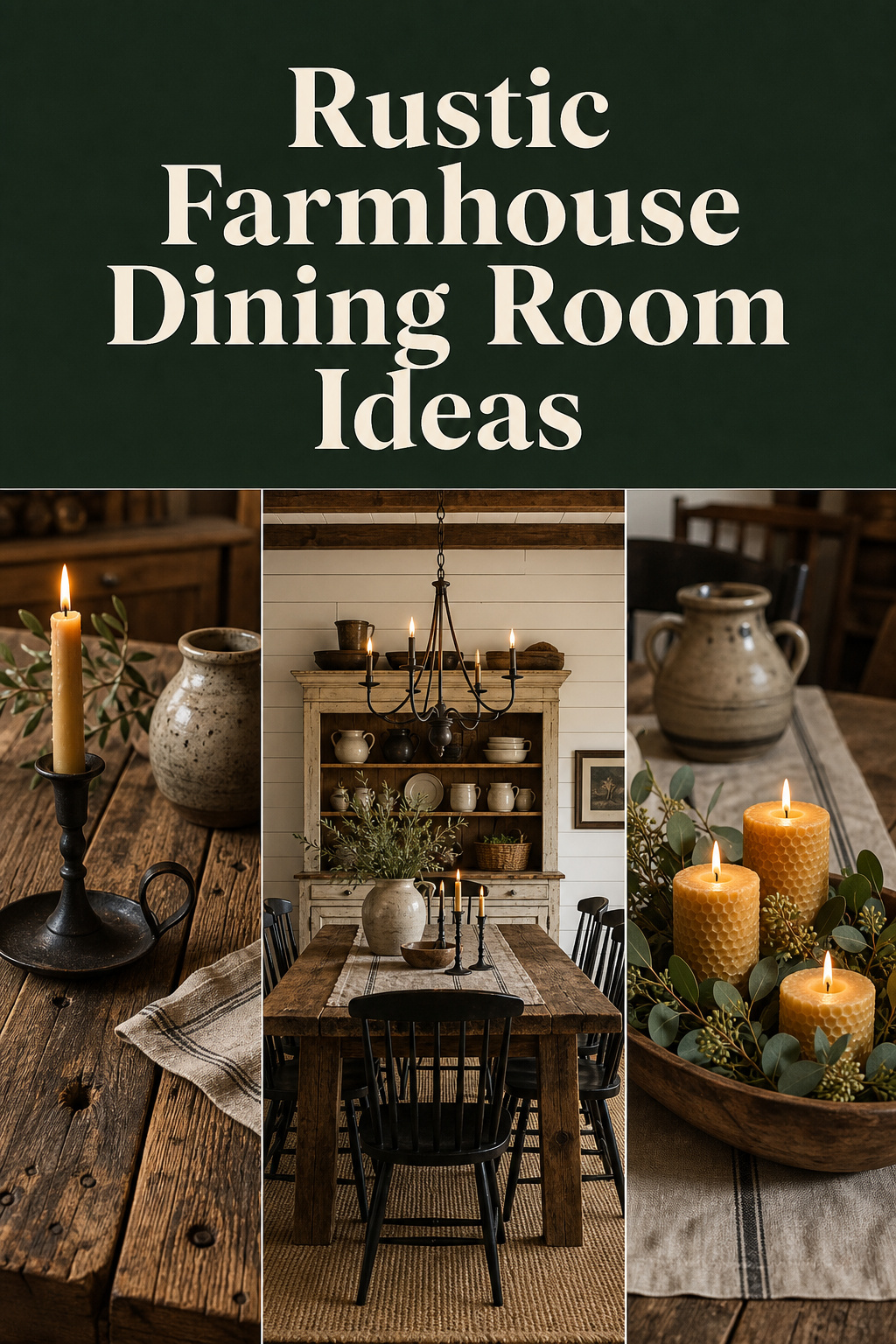Three-panel Pinterest image showing rustic farmhouse dining room details — reclaimed oak grain, shiplap wall with painted hutch, and foraged greenery centrepiece