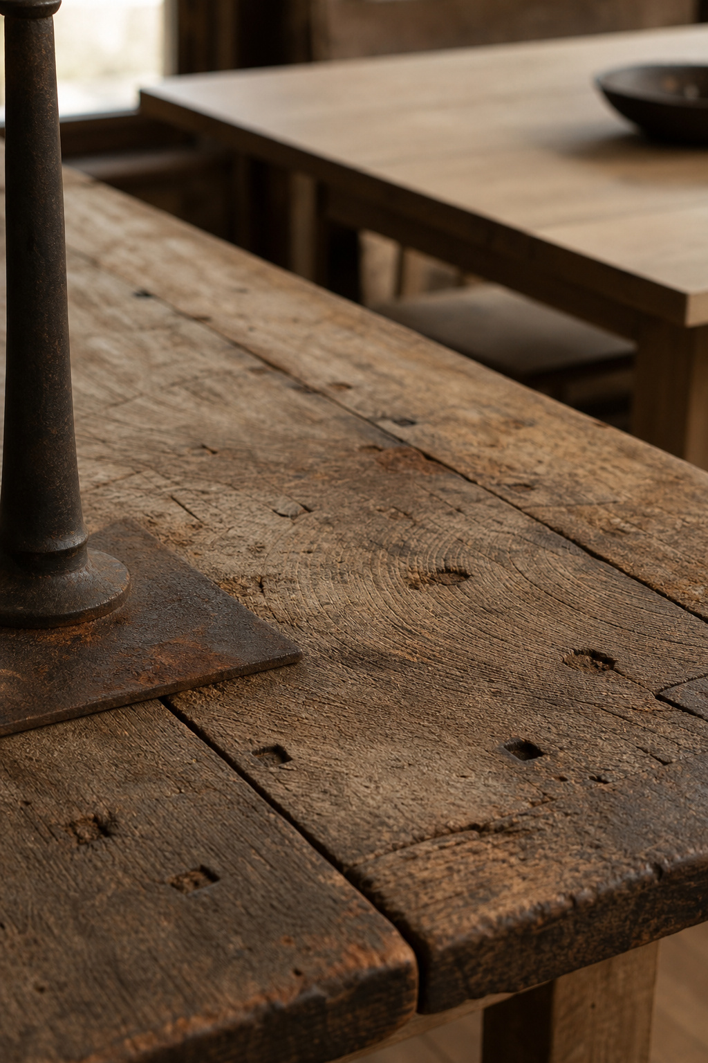 Close-up of reclaimed farmhouse dining table surface showing weathered grain, square-cut nail holes, and rust staining from old iron fasteners