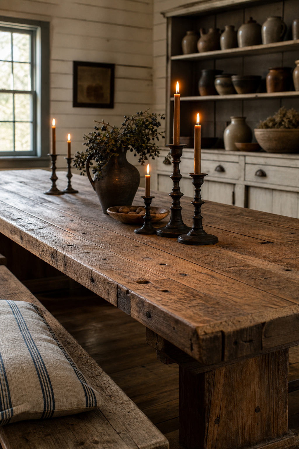 Rustic farmhouse dining room with reclaimed wood trestle table, iron candlesticks, grain-sack bench cushion and painted hutch against a shiplap wall